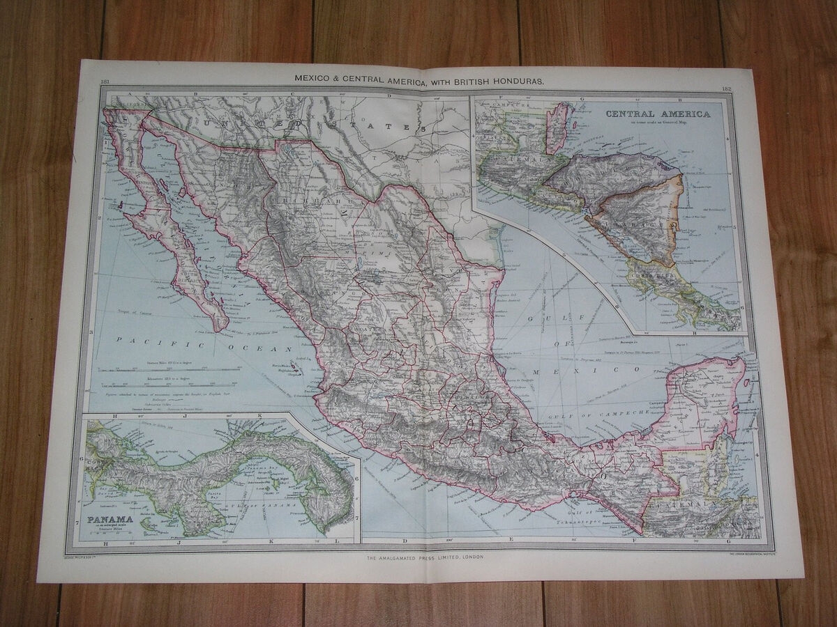 1908 ANTIQUE MAP OF MEXICO CENTRAL AMERICA COSTA RICA PANAMA INSET MAP EBay