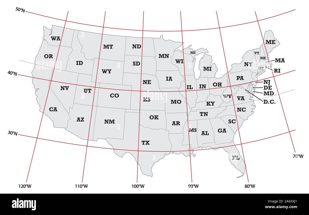 Administrative Map United States With Latitude And Longitude Stock Vector Image U0026 Art Alamy