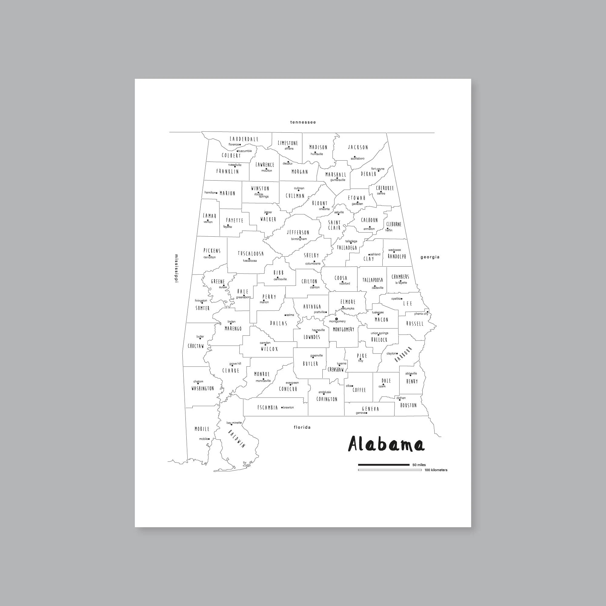 Alabama Map Art PRINTABLE Alabama County Map AL Alabama Countries Map Poster Alabama State Map Modern Home Decor P543 Etsy