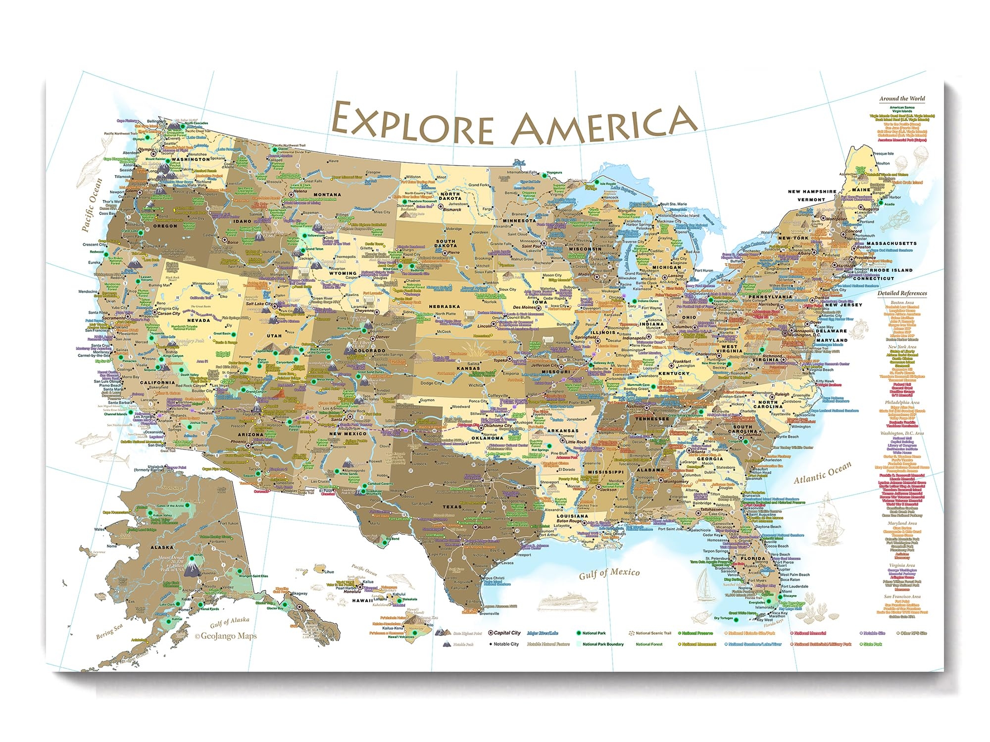 Amazon GeoJango National Parks Map Poster Print With State Capitals And USA Travel Landmarks Gold Edition 24W X 16H Office Products