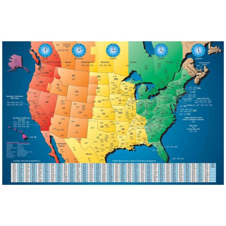Amazon ImageAbility North America Laminated Gloss Time Zone Area Code Map With Reverse Lookup Desk Size 11 By 17 Inches Wall Maps Office 