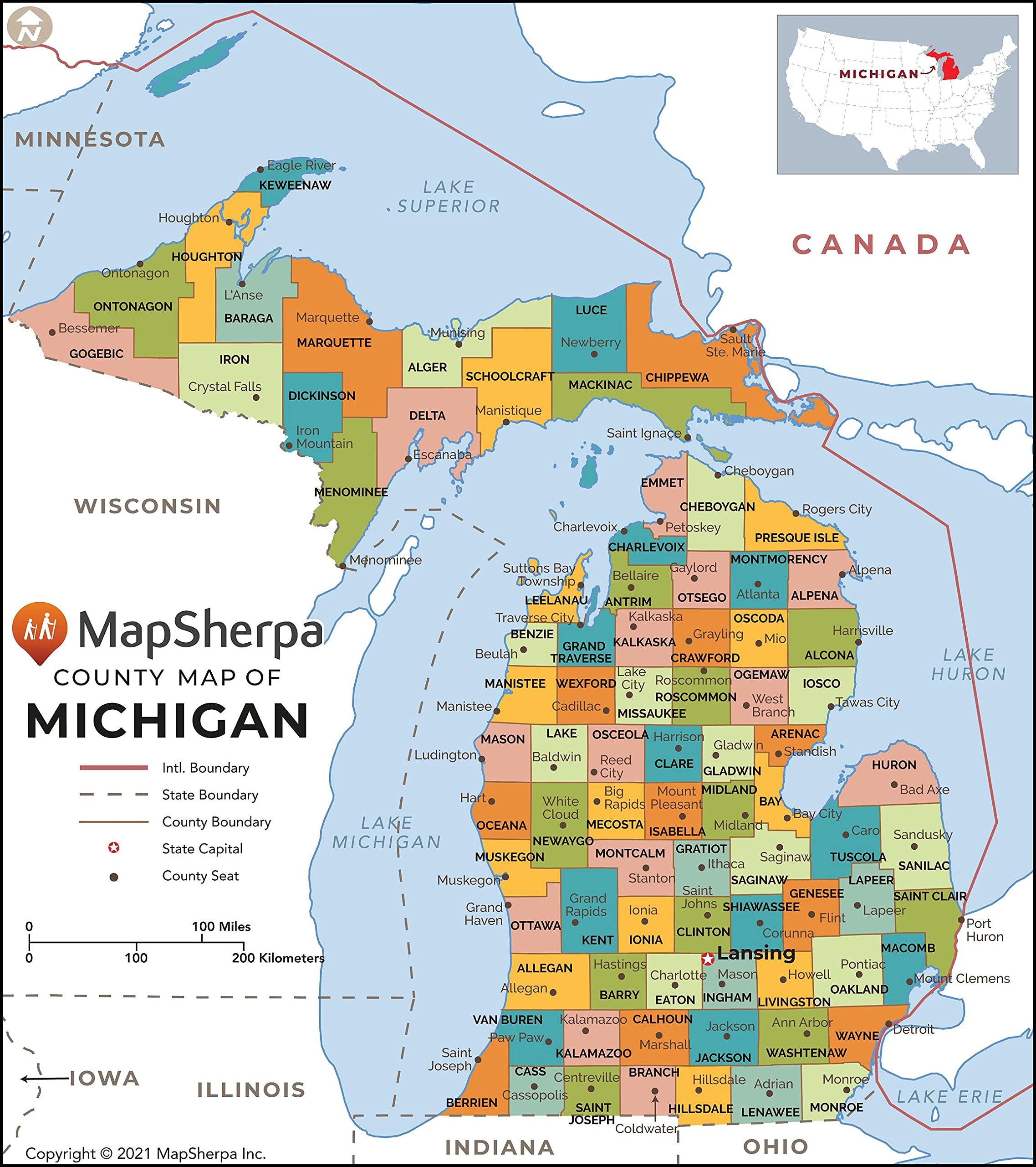 Amazon Michigan Counties Map Large 48