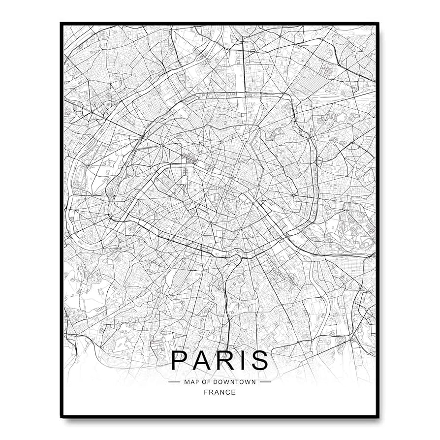 Amazon Paris City Downtown Map Wall Art Paris Street Map Print Paris Map Decor City Road Art Black And White City Map Office Wall Hanging 8x10 Inch No Frame Home U0026