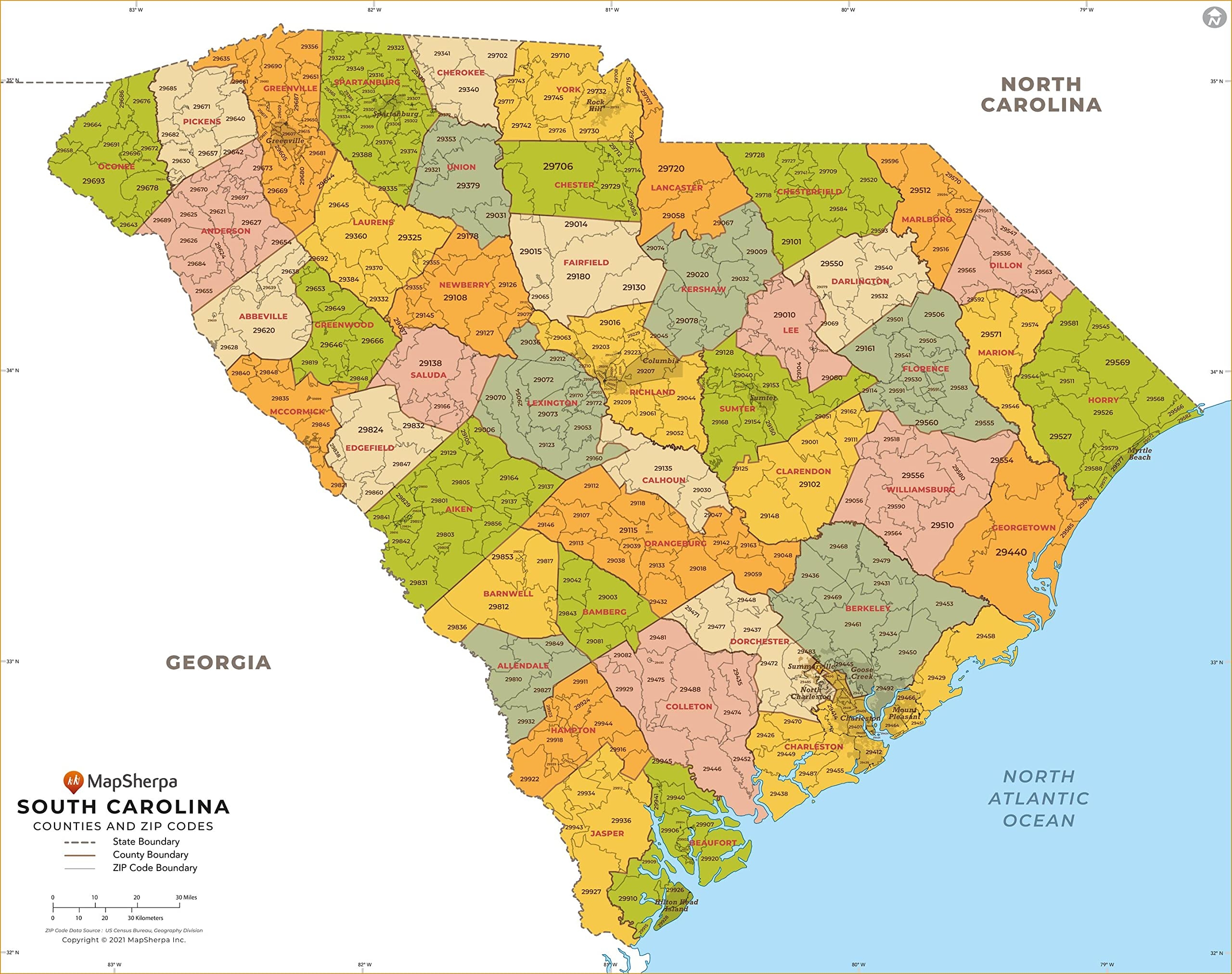 Amazon South Carolina ZIP Code Map With Counties Extra Large 60
