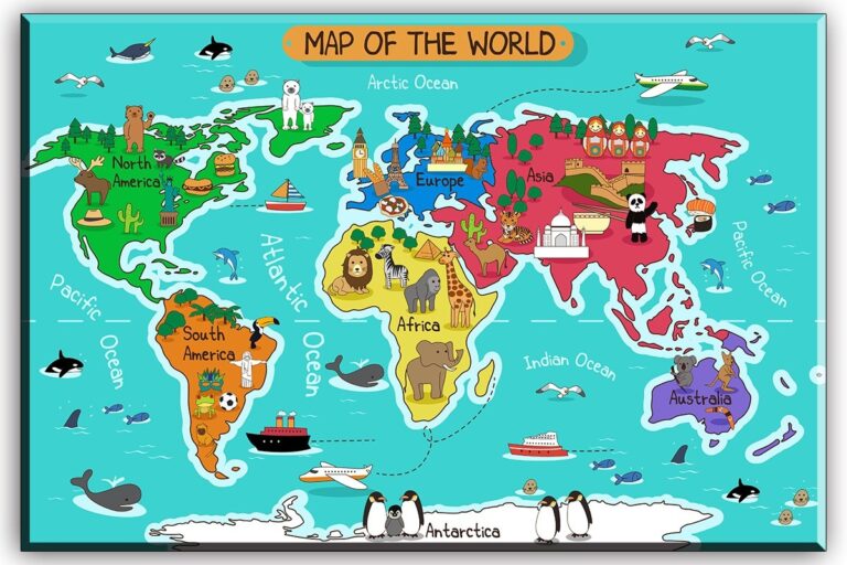 Amazon SZ HD Painting World Map Canvas Wall Art For Kids Room Typical Animals On Continent Map Of The World Canvas Prints For Children Education Ready To Hang 1