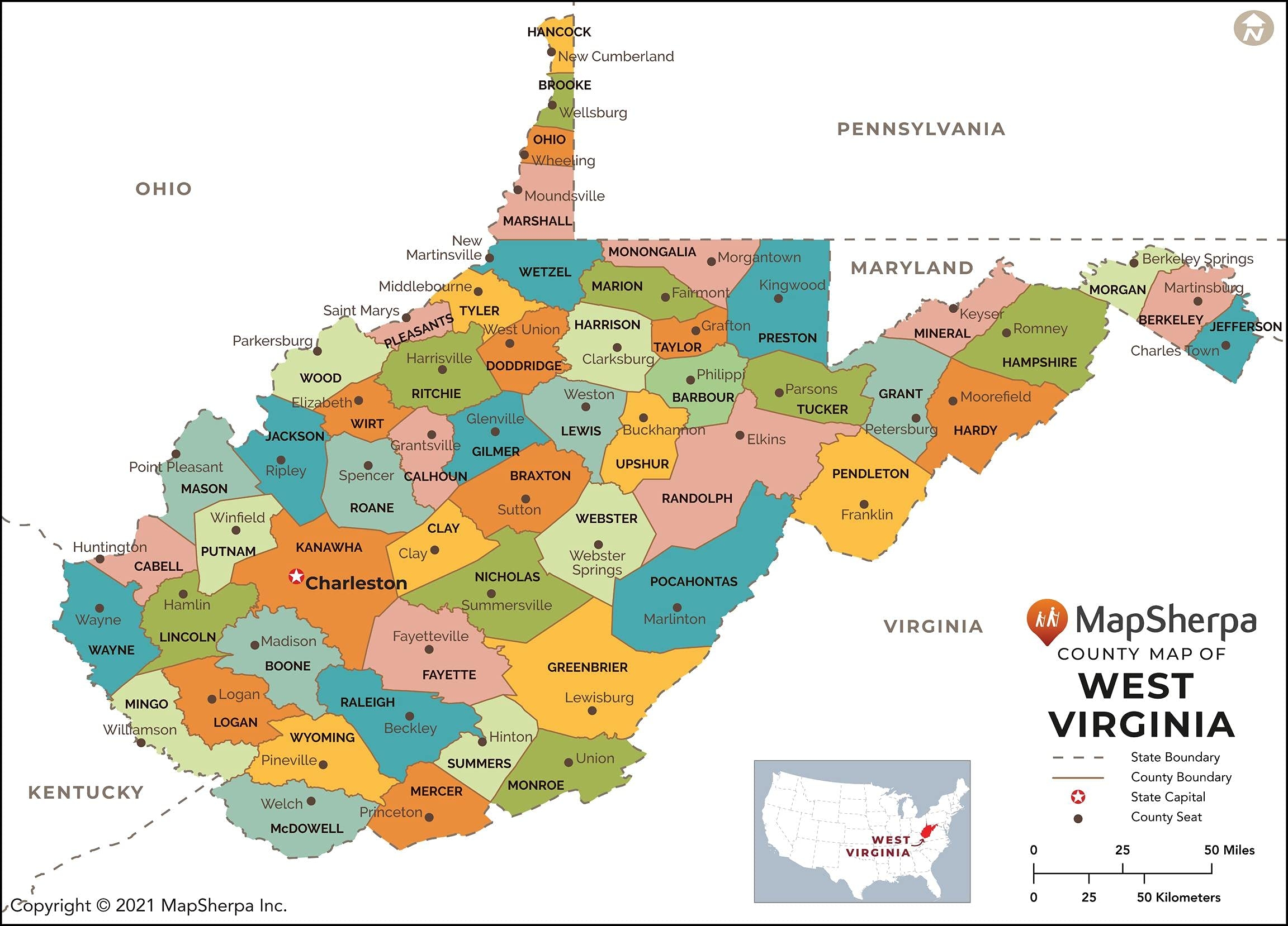 Amazon West Virginia Counties Map Large 48