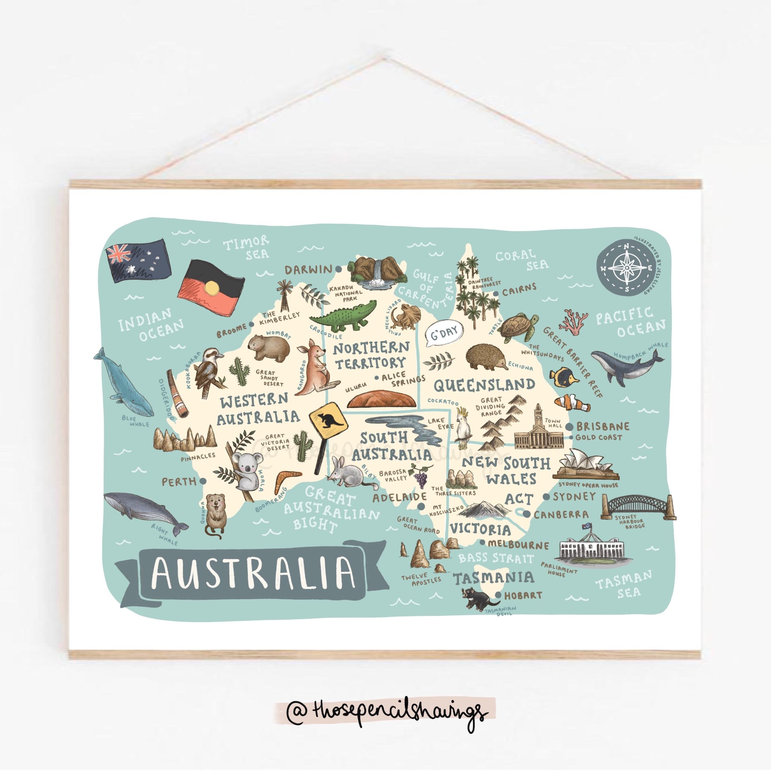 Australia Map Print Illustrated Aussie Printable Wall Art Cute 
