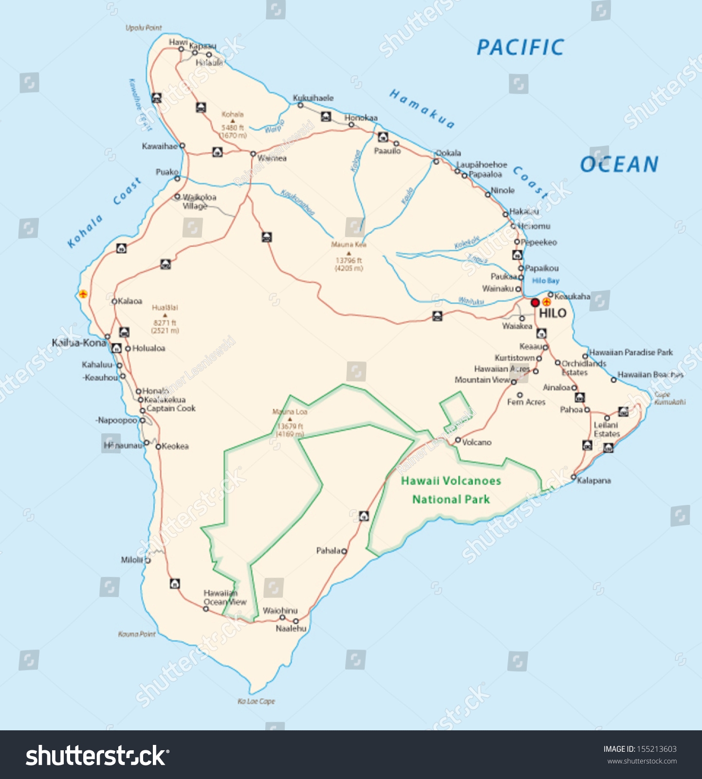 Big Island Hawaii Map Stock Vector Royalty Free 155213603 Shutterstock