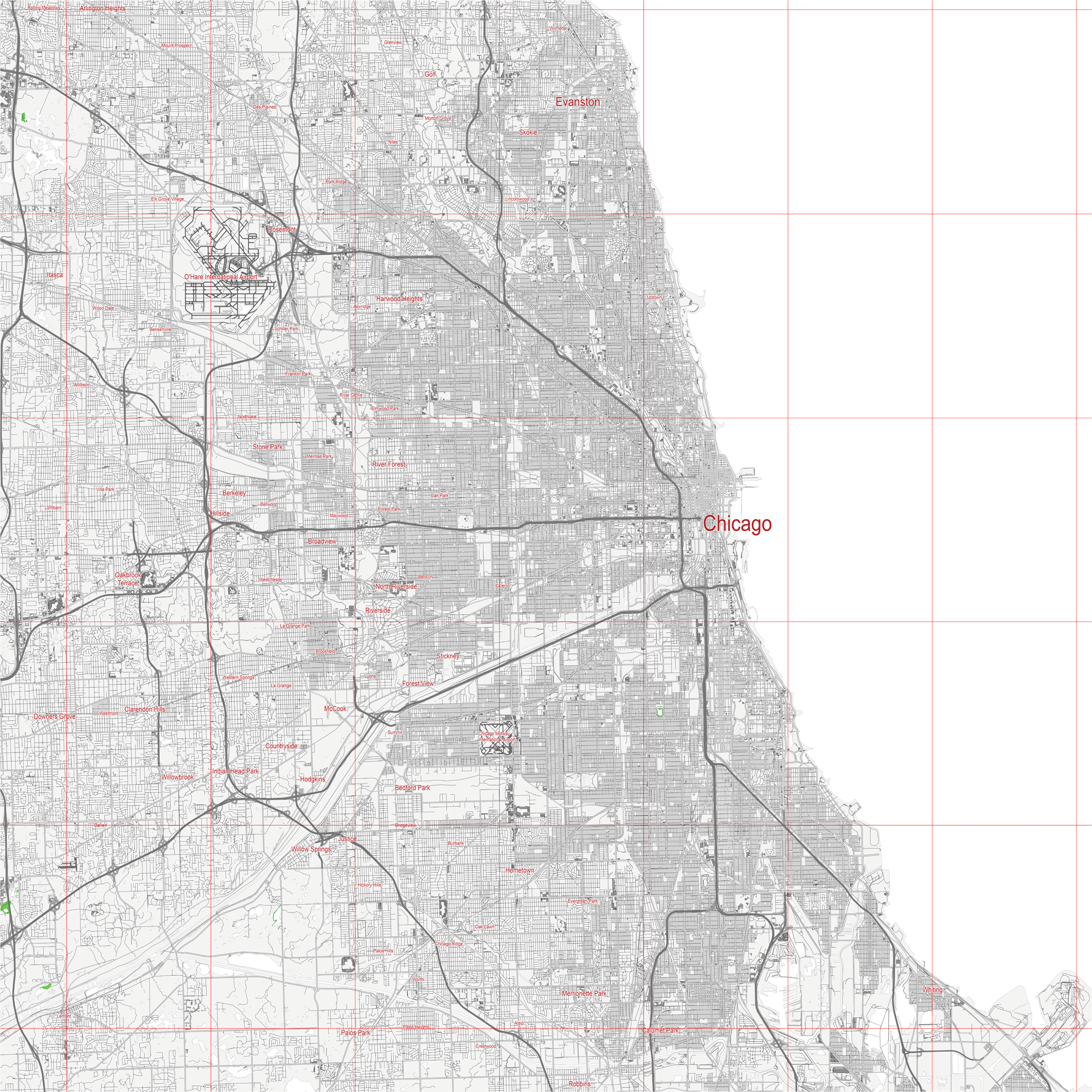 Chicago Illinois US PDF Vector Map City Plan Low Detailed simple White Street Map Editable Adobe PDF In Layers