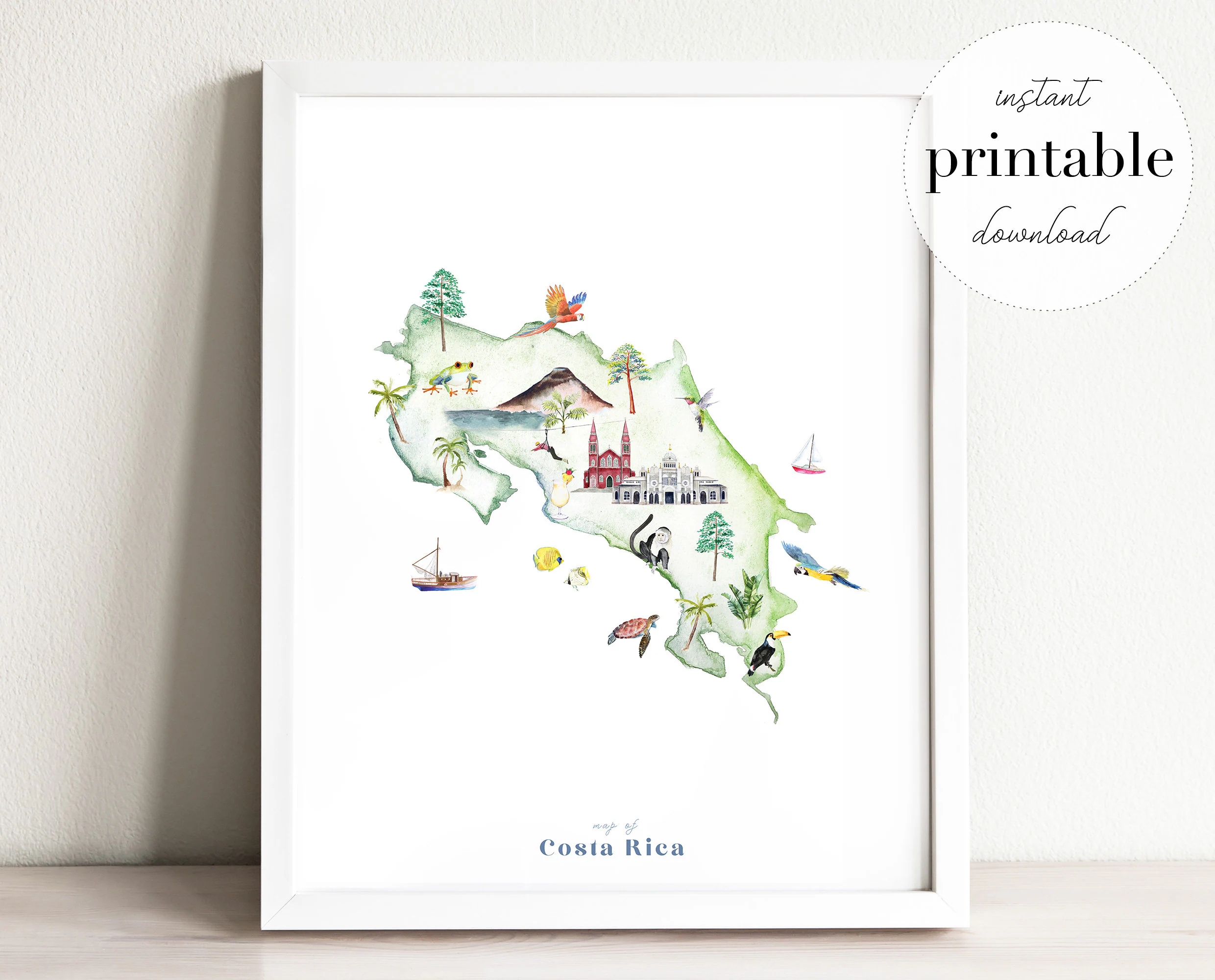 Costa Rica Illustrated Map Printable Wall Art Print Nursery Decor Landmarks Kids Room Travel Print Drawing Animal Map Country Map Etsy