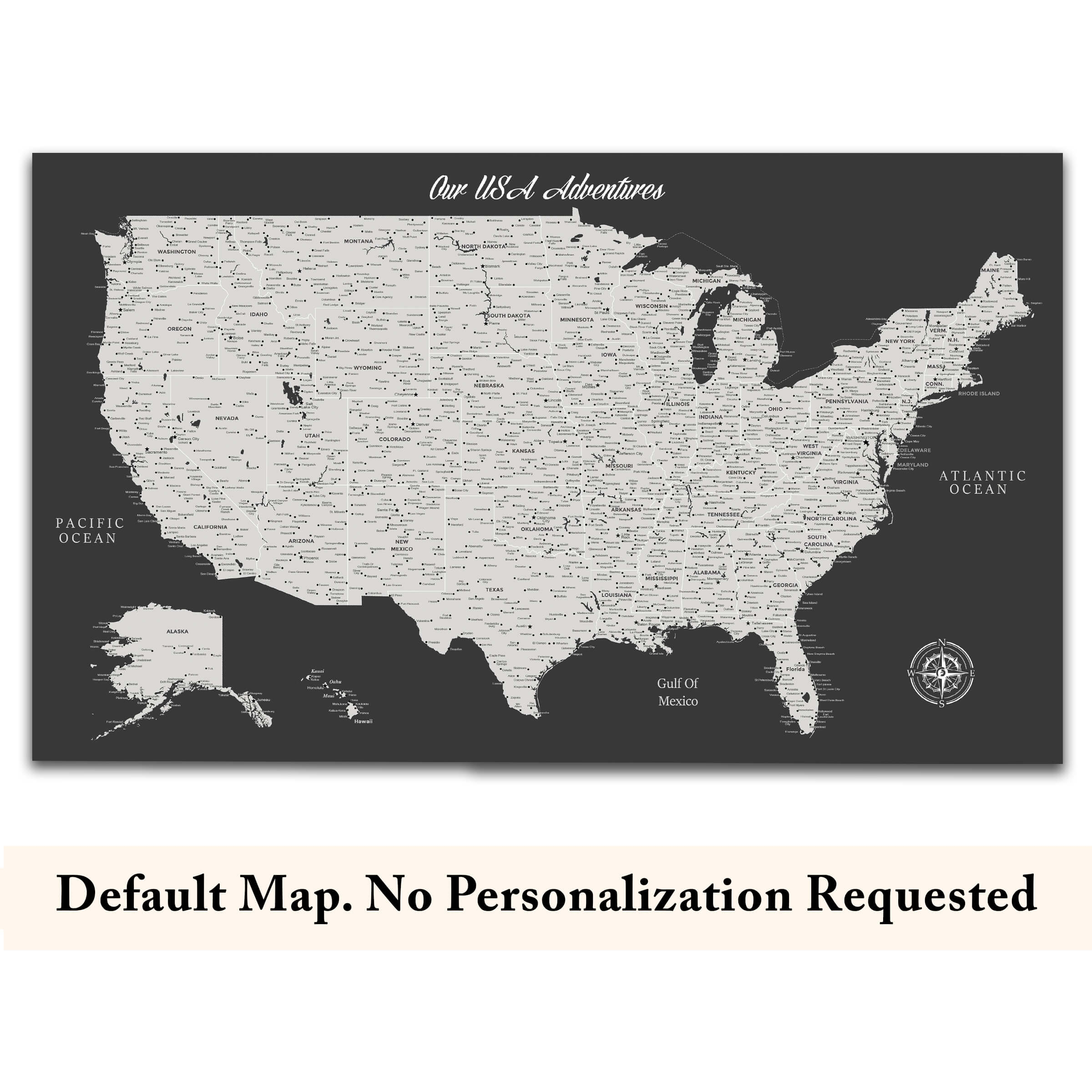 Dark Grey Push Pin USA Map Custom Political US Map Canvas Art Bay