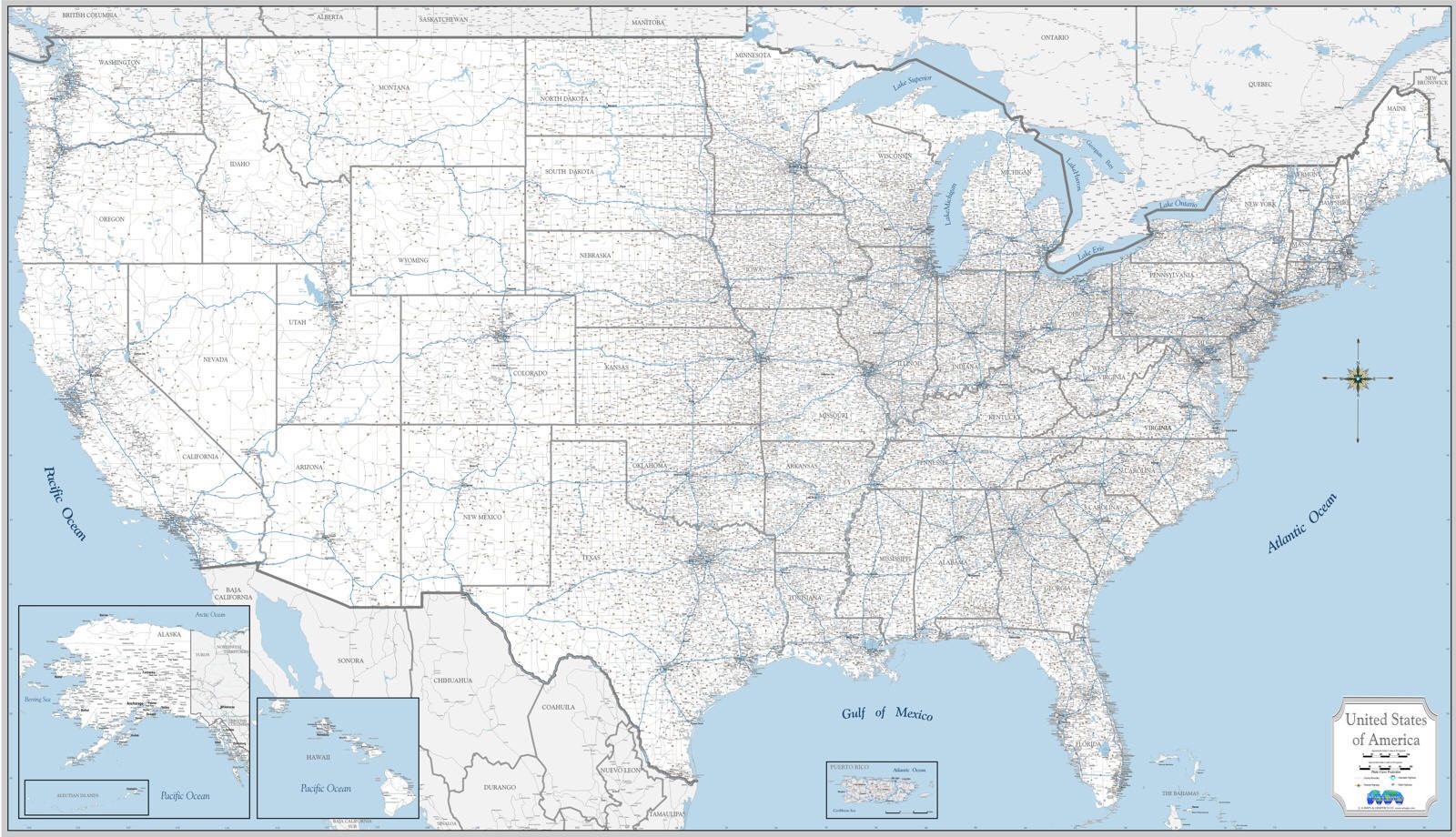 DETAILED LARGE USA LAMINATED WALL MAP IN WHITE