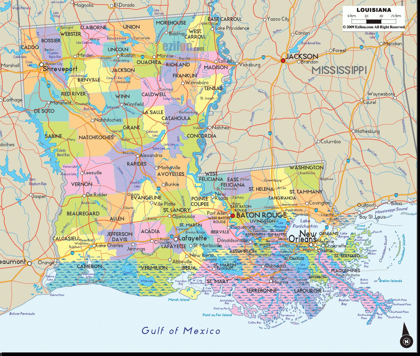 Detailed Map Of Louisiana State USA Ezilon Maps