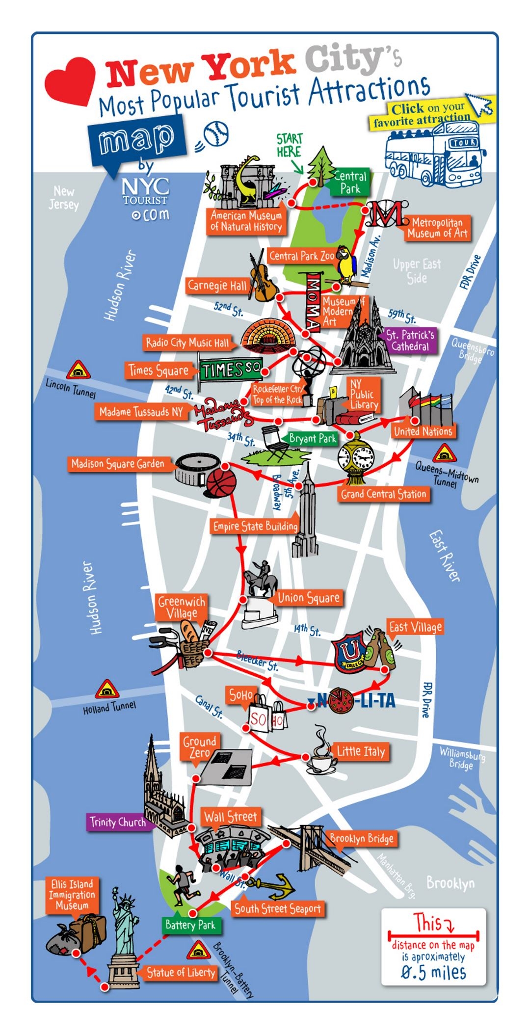Detailed Map Of Most Popular Tourist Attractions Of Manhattan NYC New York USA United States Of America North America Mapsland Maps Of The World