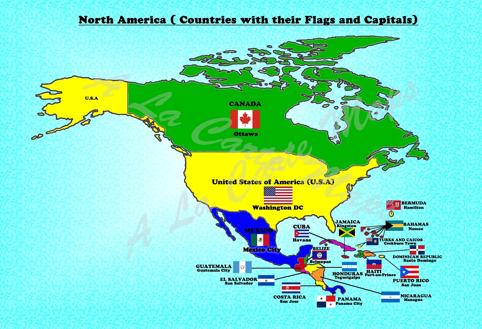 Digital Map Of North American Countries With Their Flags And Their Capital Cities Etsy