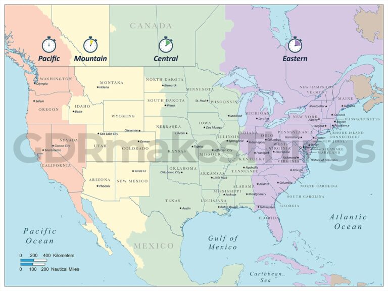 Digital Map Of The Continental United States Showing 4 Time Zones Includes States And State Capitals High res Map For Self printing Etsy