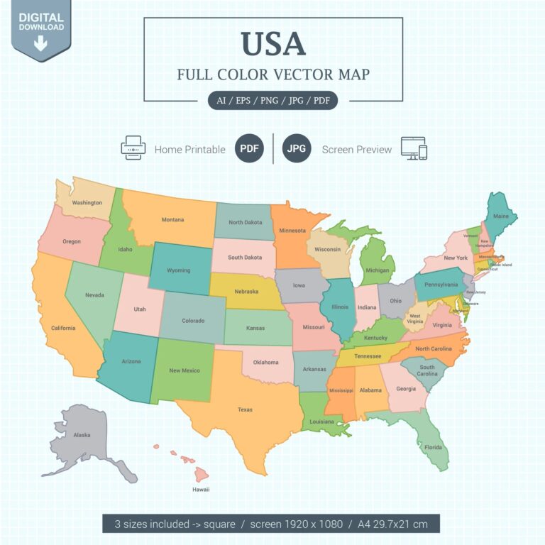 Digital USA Map Full Color With States Printable Poster Large Size 