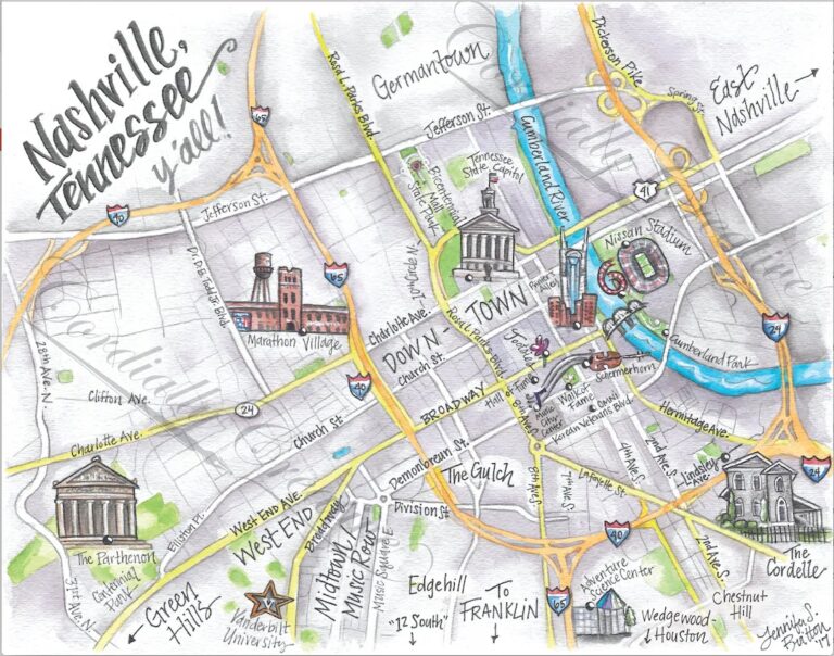 Downtown Nashville Map Watercolor Illustration Print Digitally Printed On White Linen Stock Hand Drawn Map Tennessee Etsy