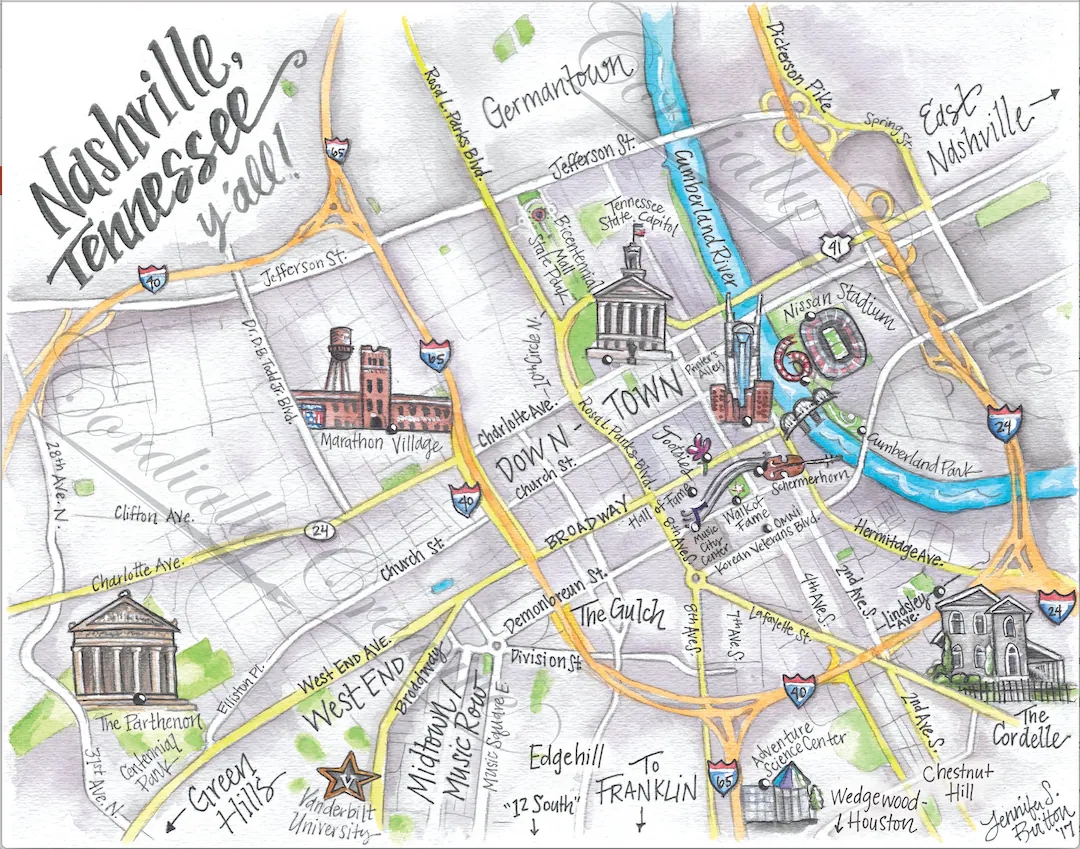 Downtown Nashville Map Watercolor Illustration Print Digitally Printed On White Linen Stock Hand Drawn Map Tennessee Etsy