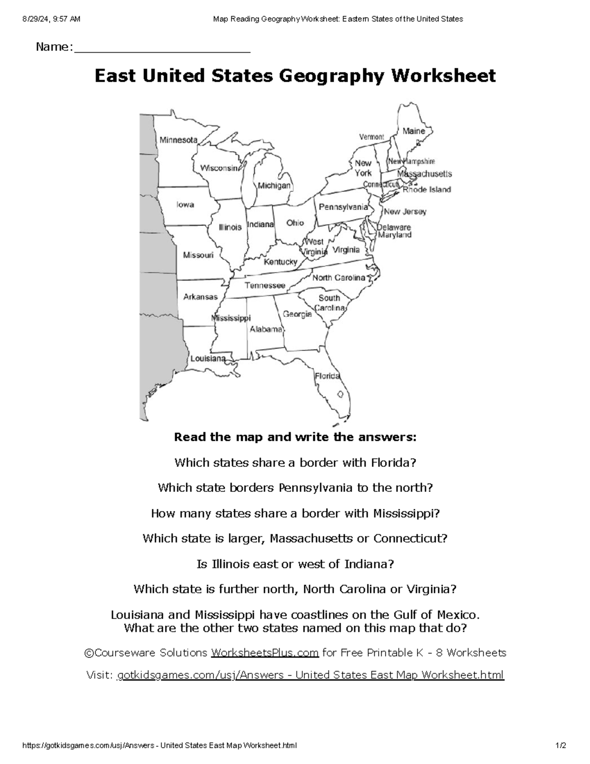 Eastern States Of The United States Name East United States Geography Studocu