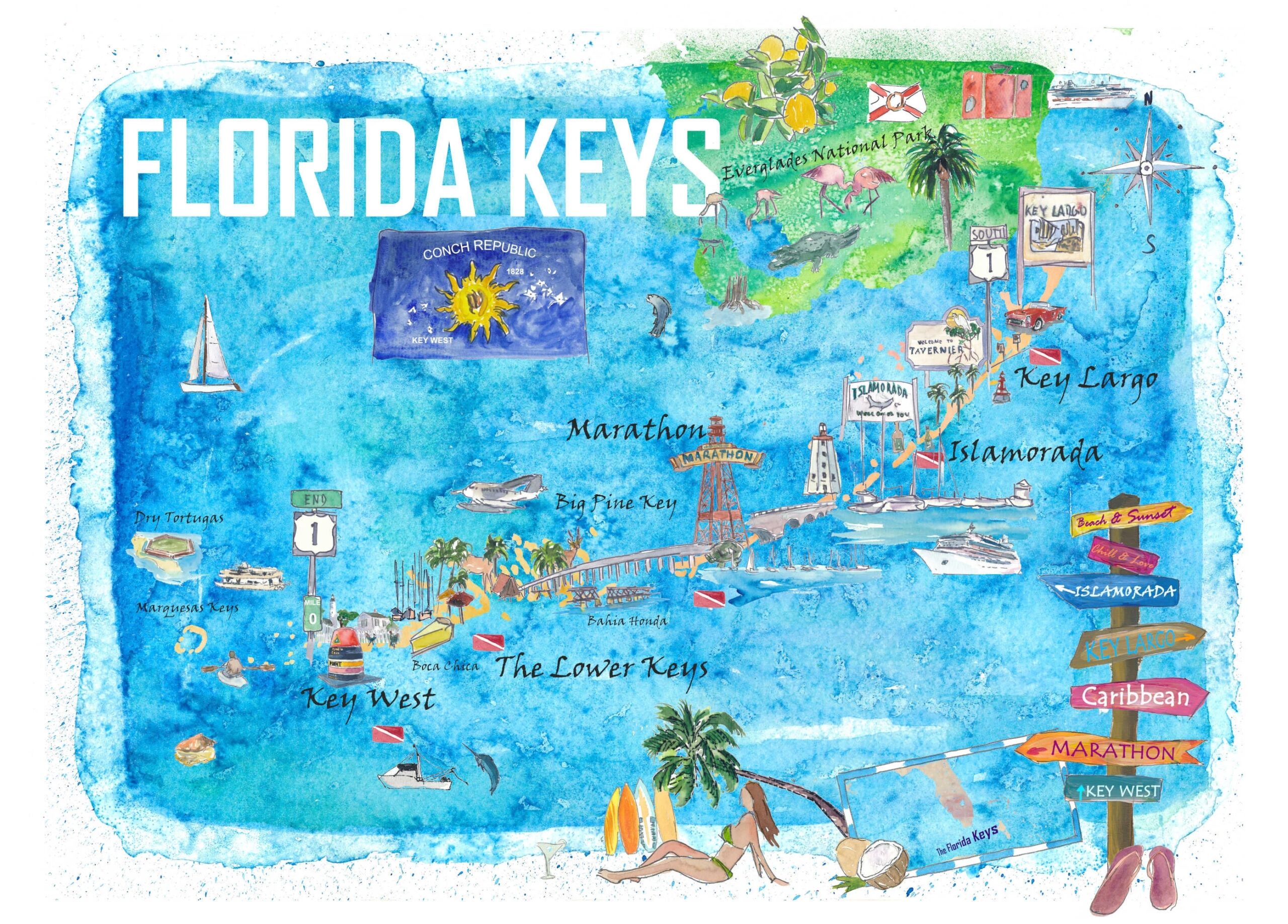 Florida Keys Key West Marathon Key Largo Illustrated Travel Poster Favorite Map 2nd Signpost Edition Etsy
