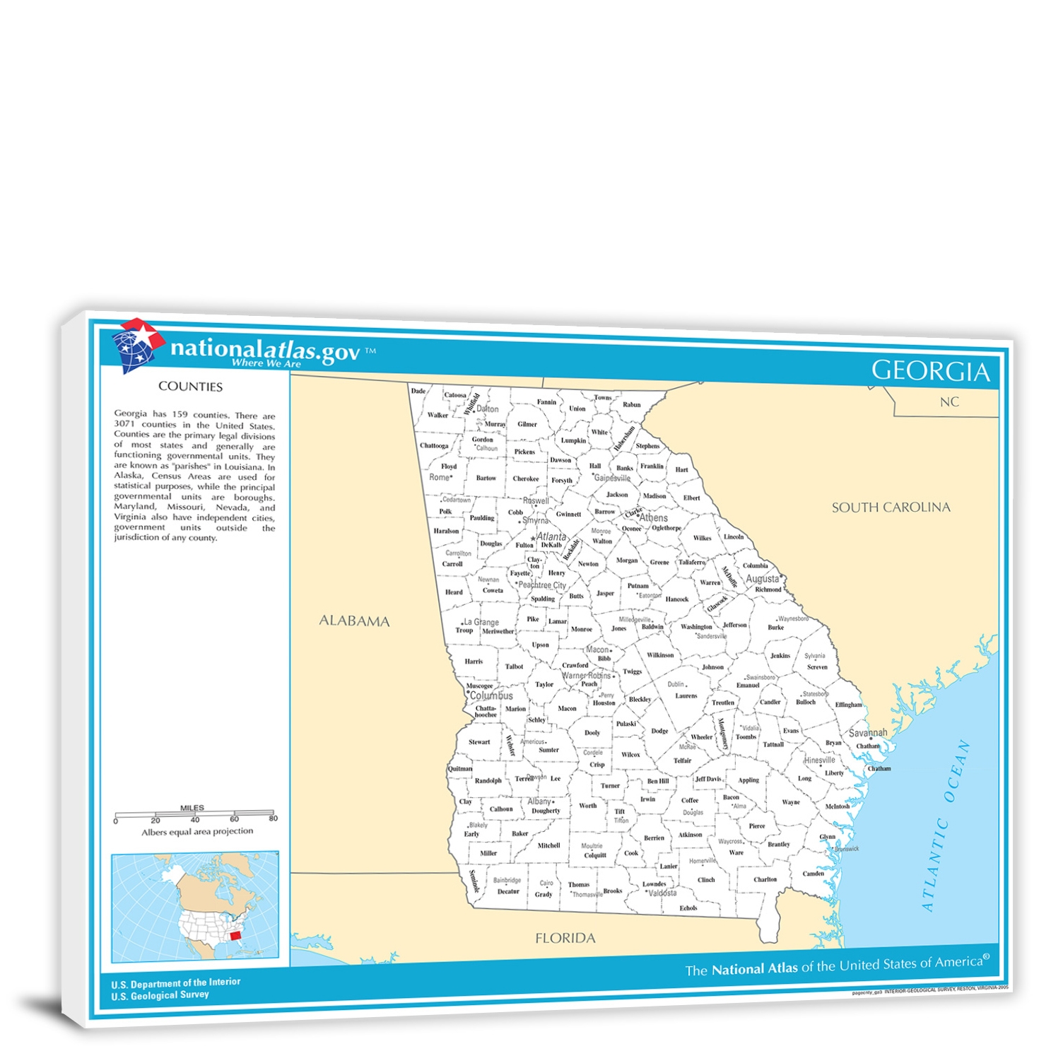 Georgia National Atlas Counties And Selected Cities Map 2022 Canvas Wrap