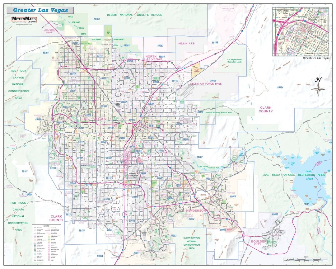 Greater Las Vegas NV Detailed Region Wall Map W zip Codes 2 Large Sizes Etsy