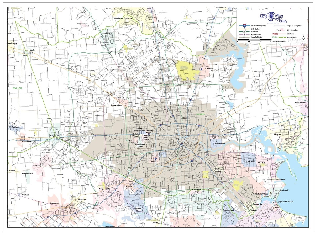 Houston Harris County Major Thoroughfare Wall Map Showing City 