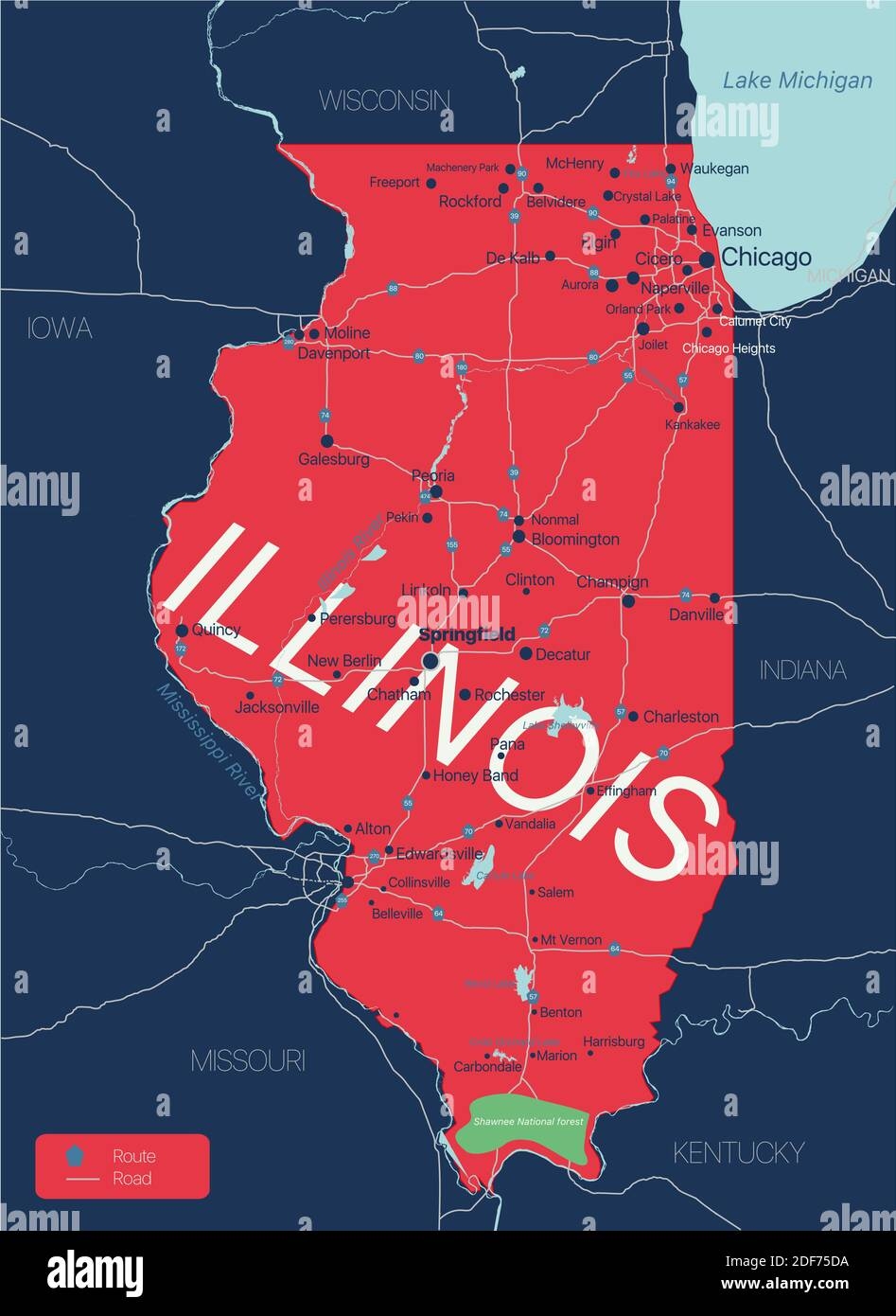 Illinois State Detailed Editable Map With With Cities And Towns Geographic Sites Roads Railways Interstates And U S Highways Vector EPS 10 File Stock Vector Image U0026 Art Alamy