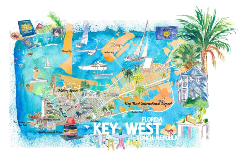 Key West Florida Illustrated Travel Map With Roads And Highlights 