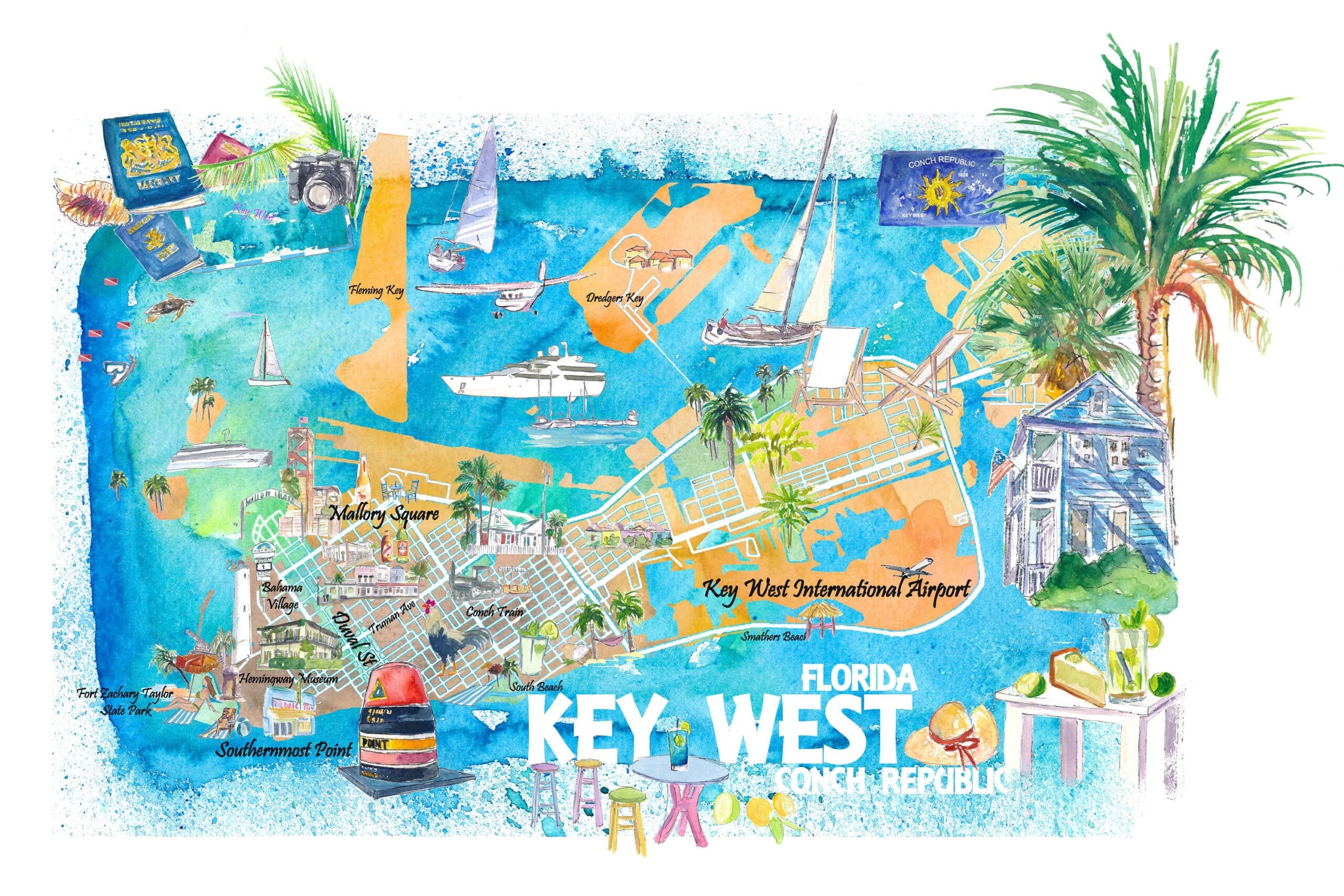 Key West Florida Illustrated Travel Map With Roads And Highlights 