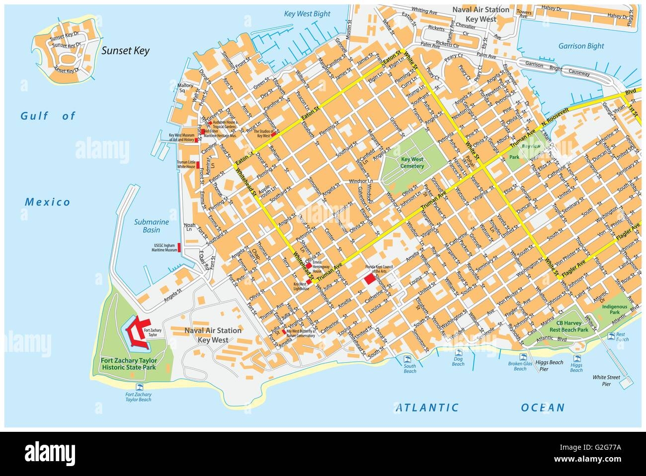 Key West Road Map With Road Names Florida United States Stock 