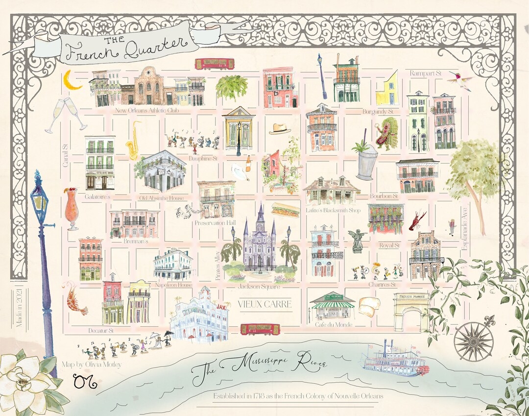 Magical Watercolor Map Of The French Quarter Gicl e Print New Orleans Map Etsy