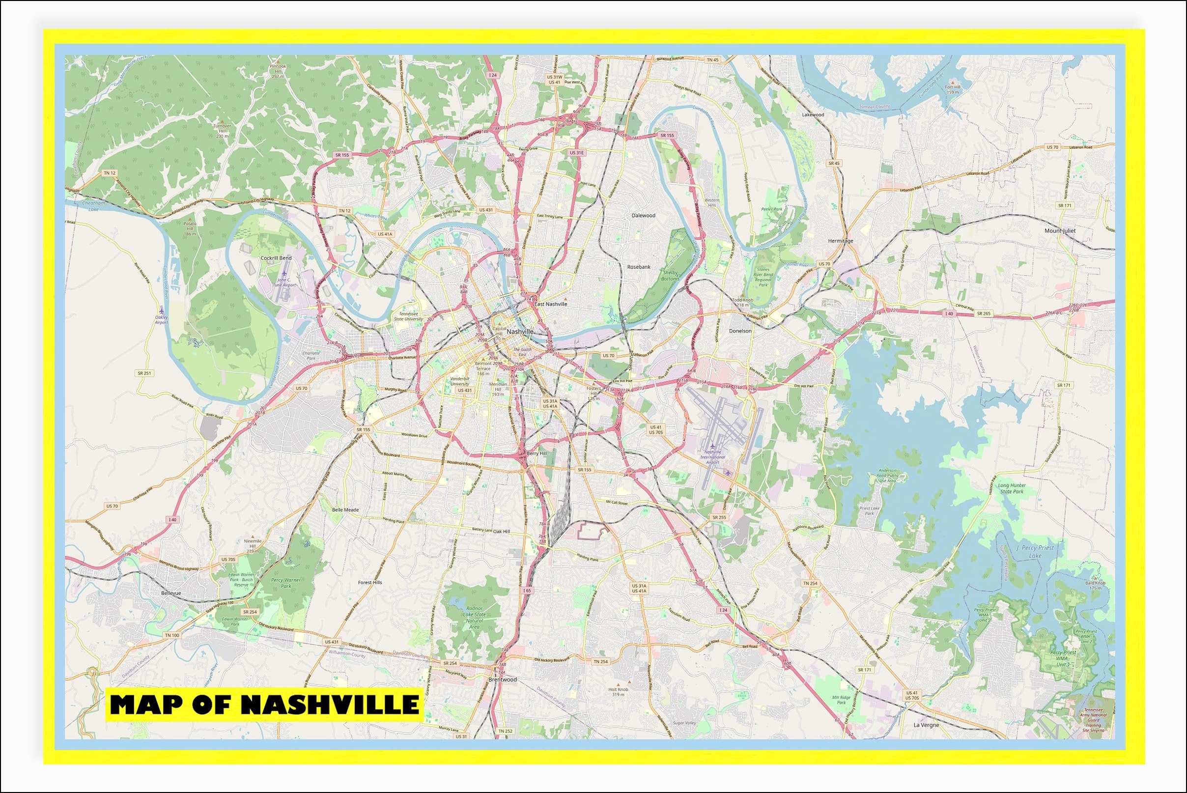 Map Of Nashville With Neighborhoods Streets Roads Highways And Parks Laminated Wall Map Poster Print Vivid Imagery With Bright Colors