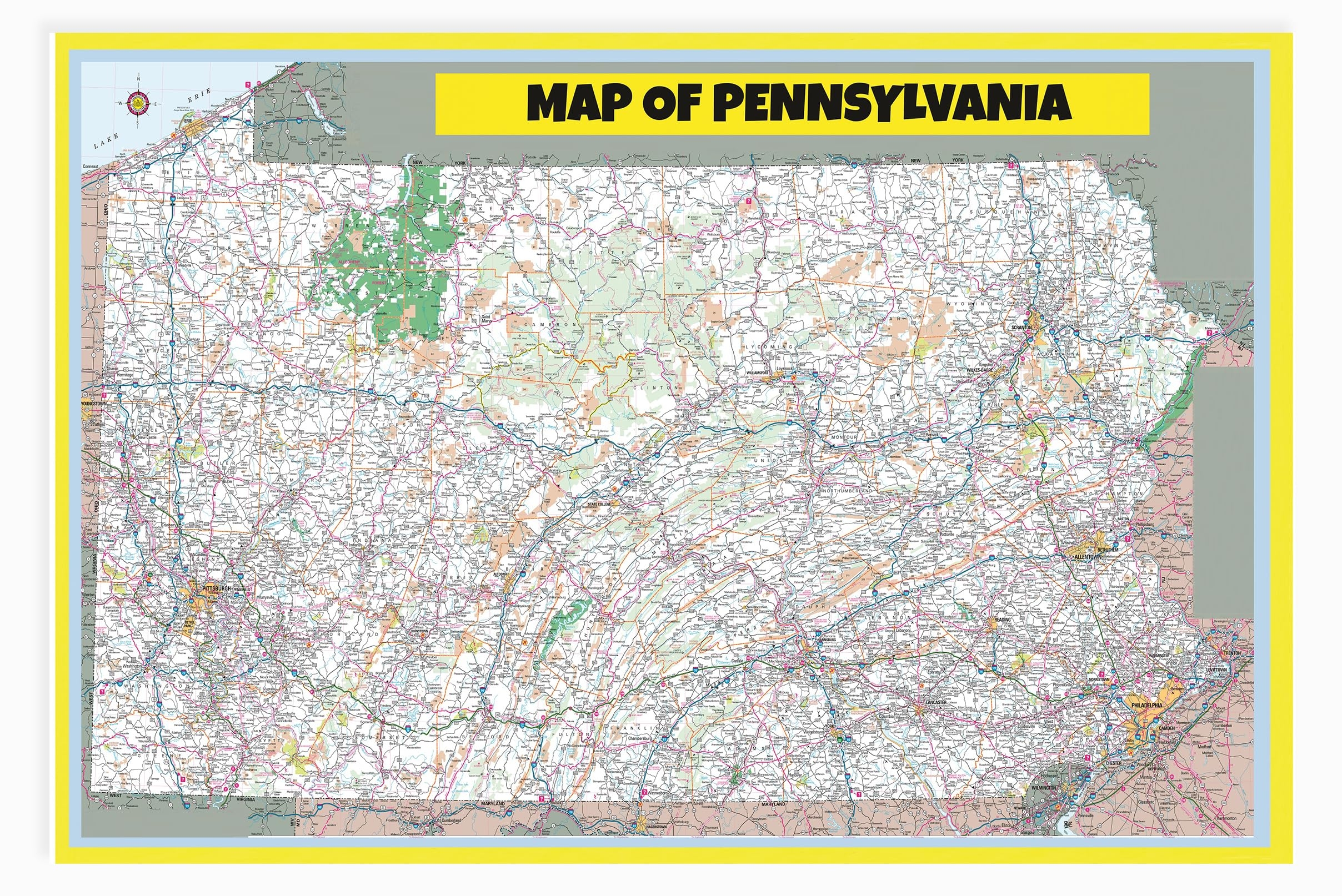 Map Of Pennsylvania Large Detailed Roads And Highways Map Of Pennsylvania State With All Cities Parks And Landmarks Laminated Wall Map