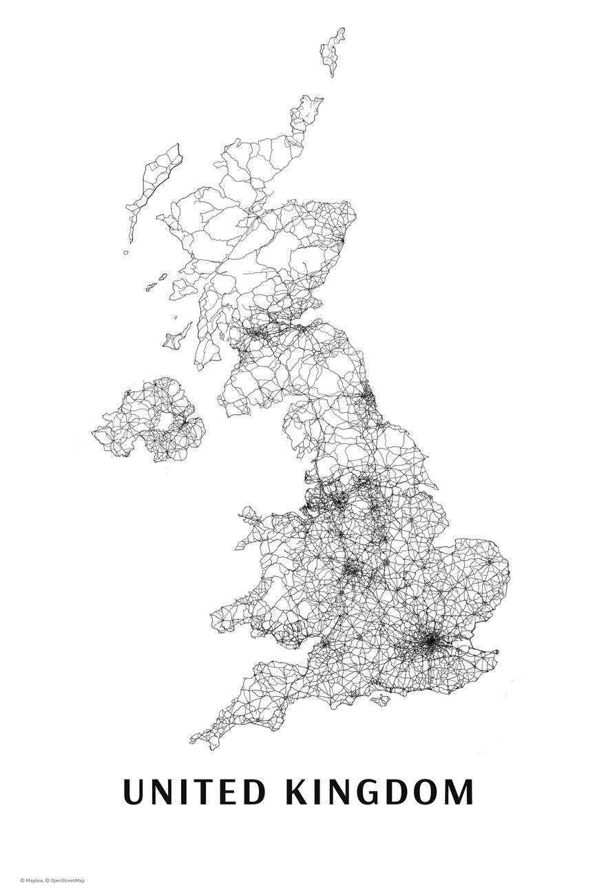 Map Of United Kingdom Black U0026 White Maps Of All Cities And Countries For Your Wall Europosters