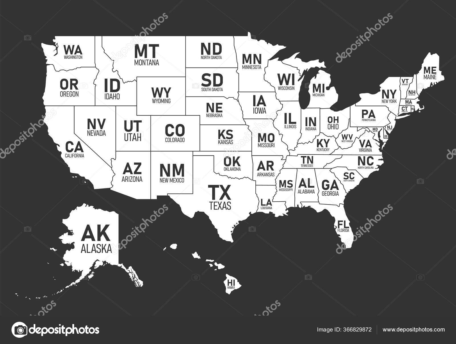 Map Of United States Of America With State Names And Abbreviations Black And White Print Map Of USA Vector Flat Style Illustration Stock Vector By RR2094 366829872