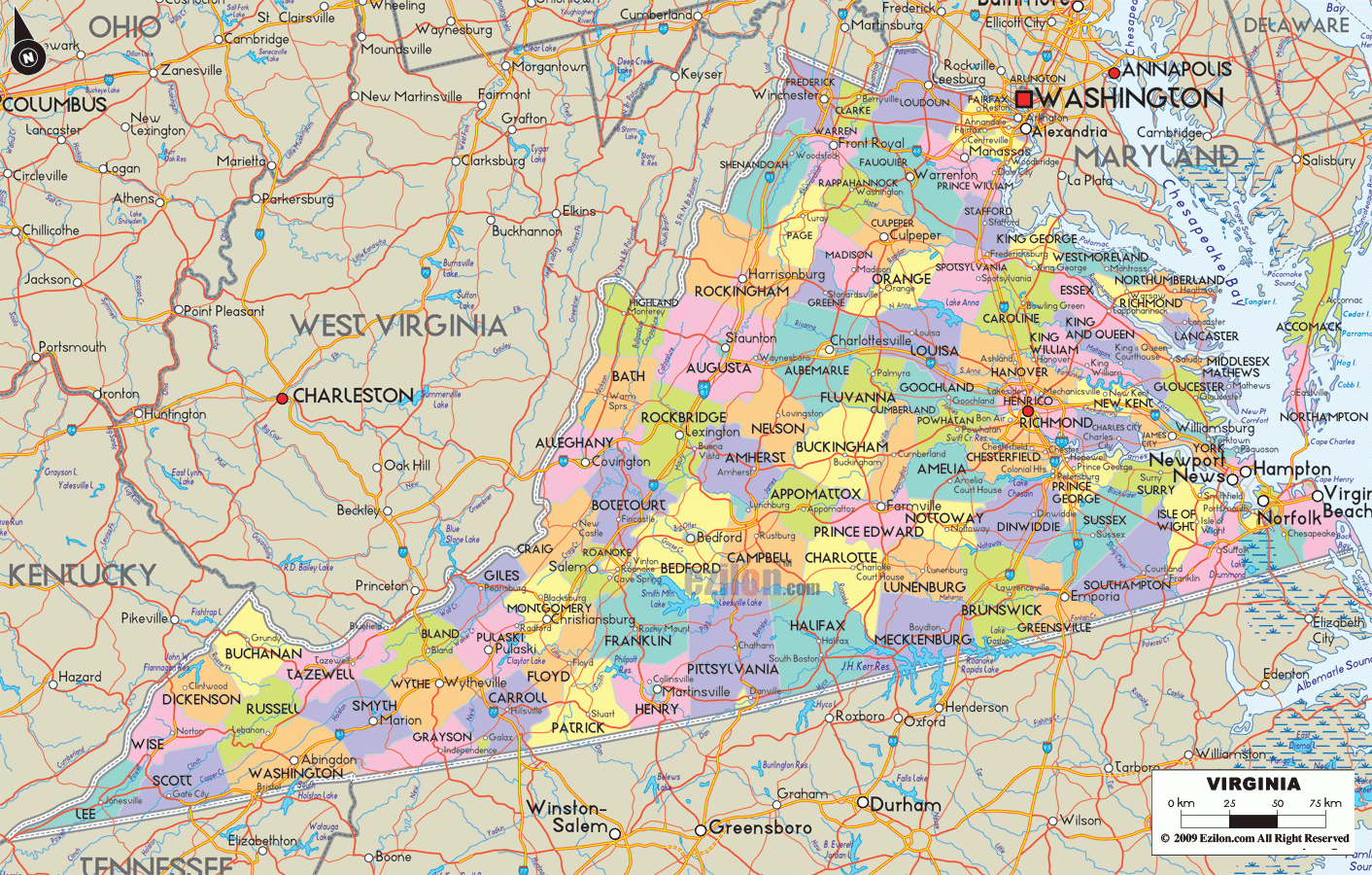Map Of Virginia State USA Ezilon Maps
