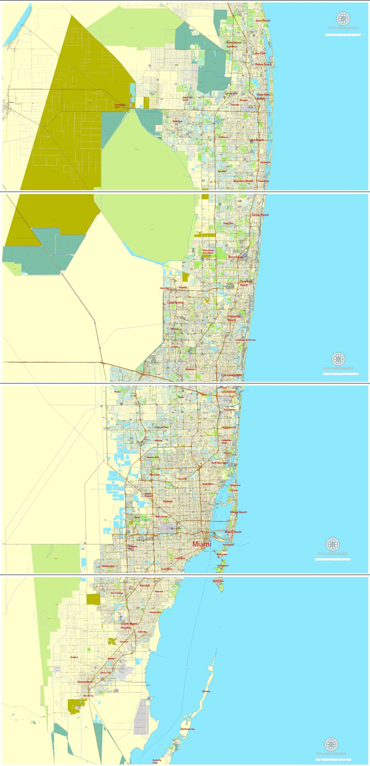 Miami Printable Map Florida US Exact Vector City Plan Map In 4 Parts Editable Adobe Illustrator Street Map