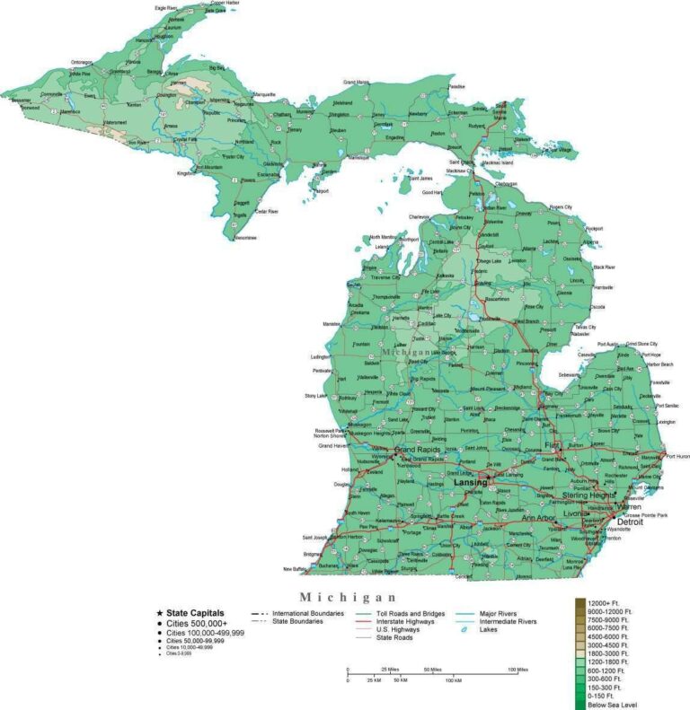 Michigan Contour Map In Adobe Illustrator Digital Vector Format Worksheets Library