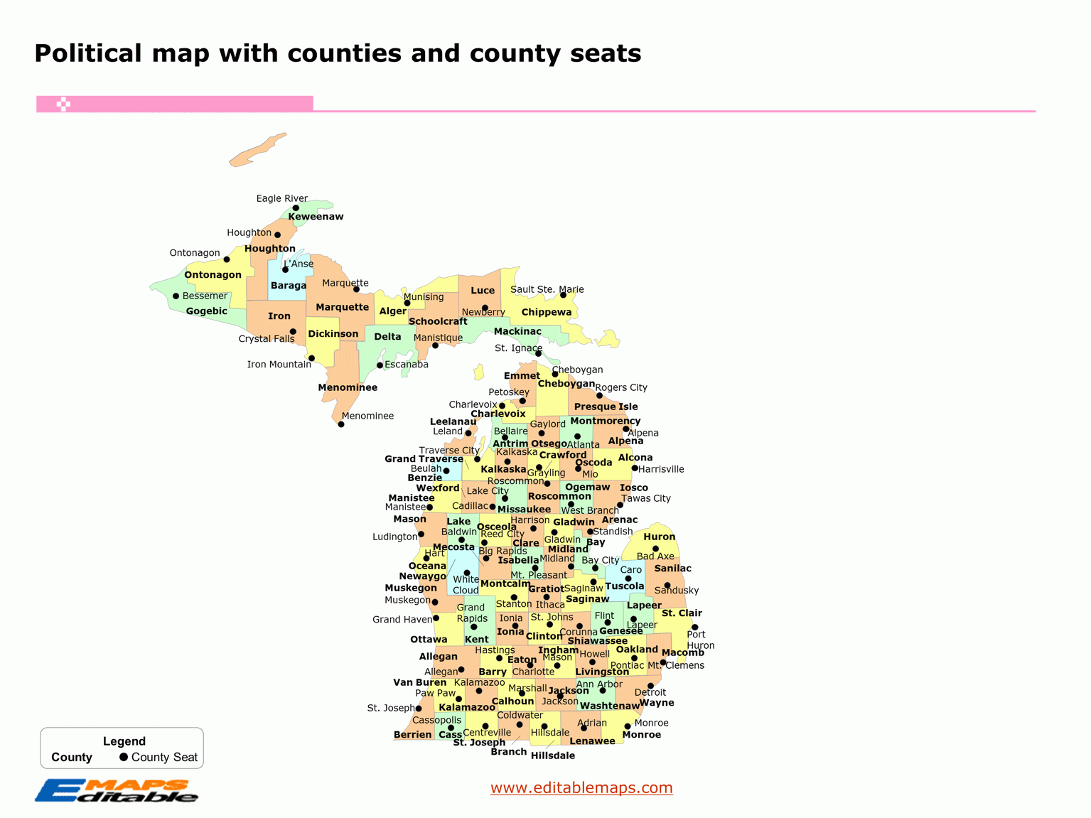 Michigan County Map Editable PowerPoint Maps