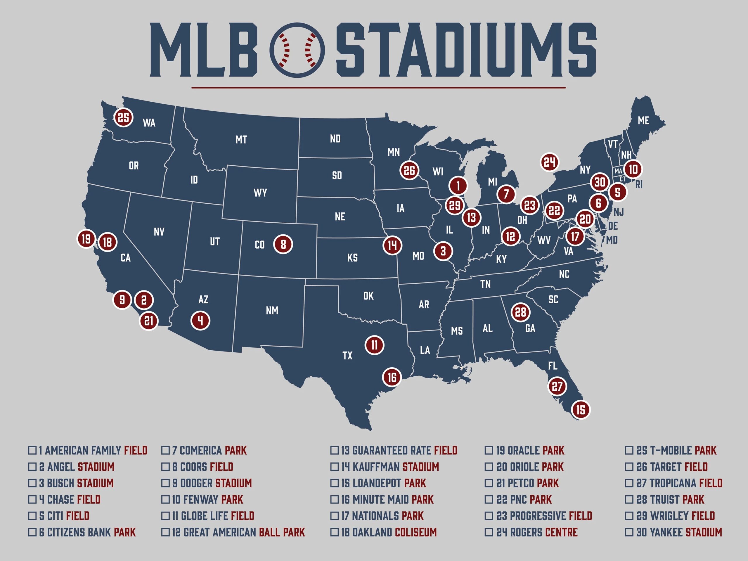 MLB Stadium Map Baseball Stadium Map Ballpark Map MLB Stadium 