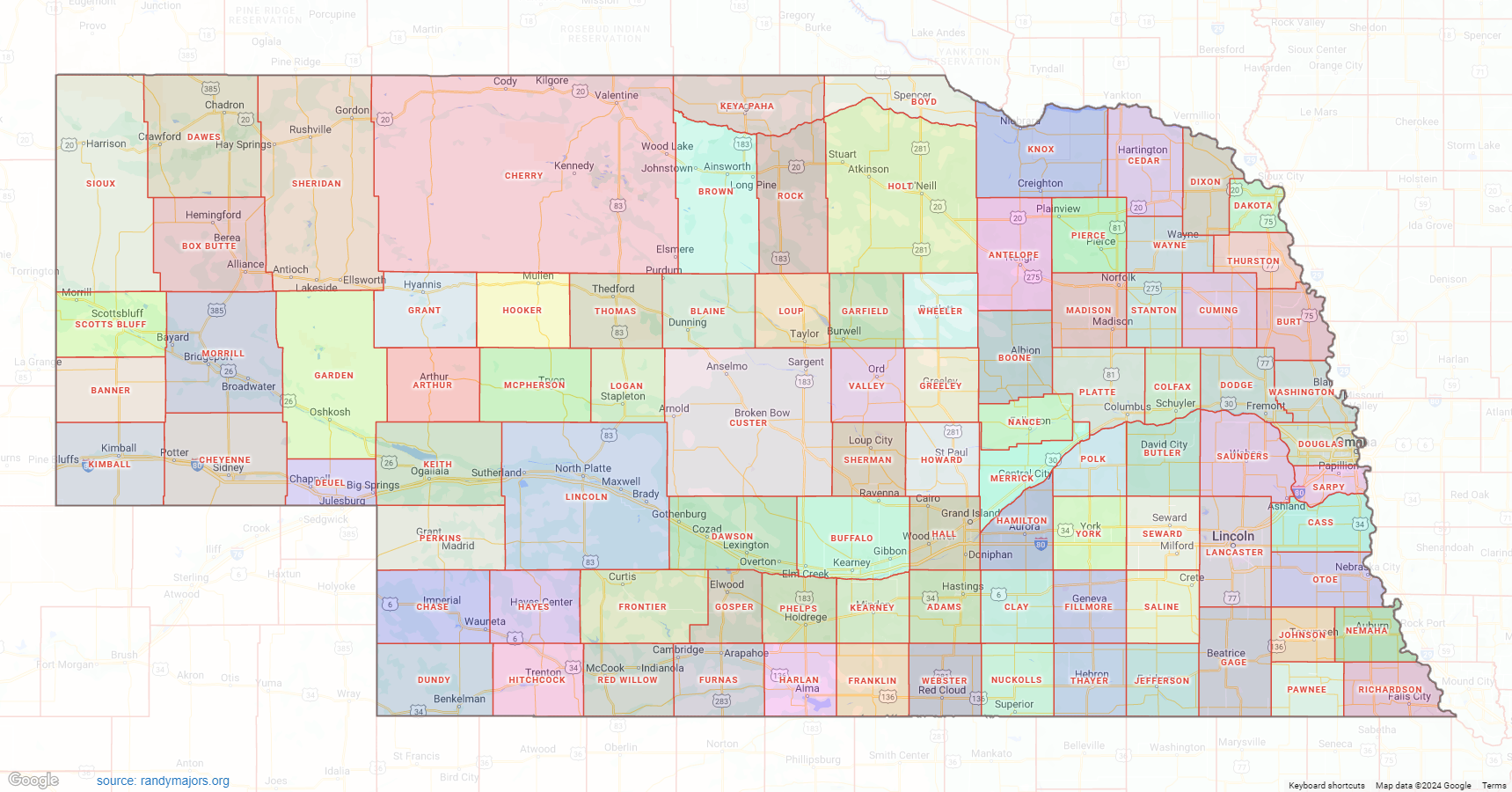 Nebraska County Map Shown On Google Maps