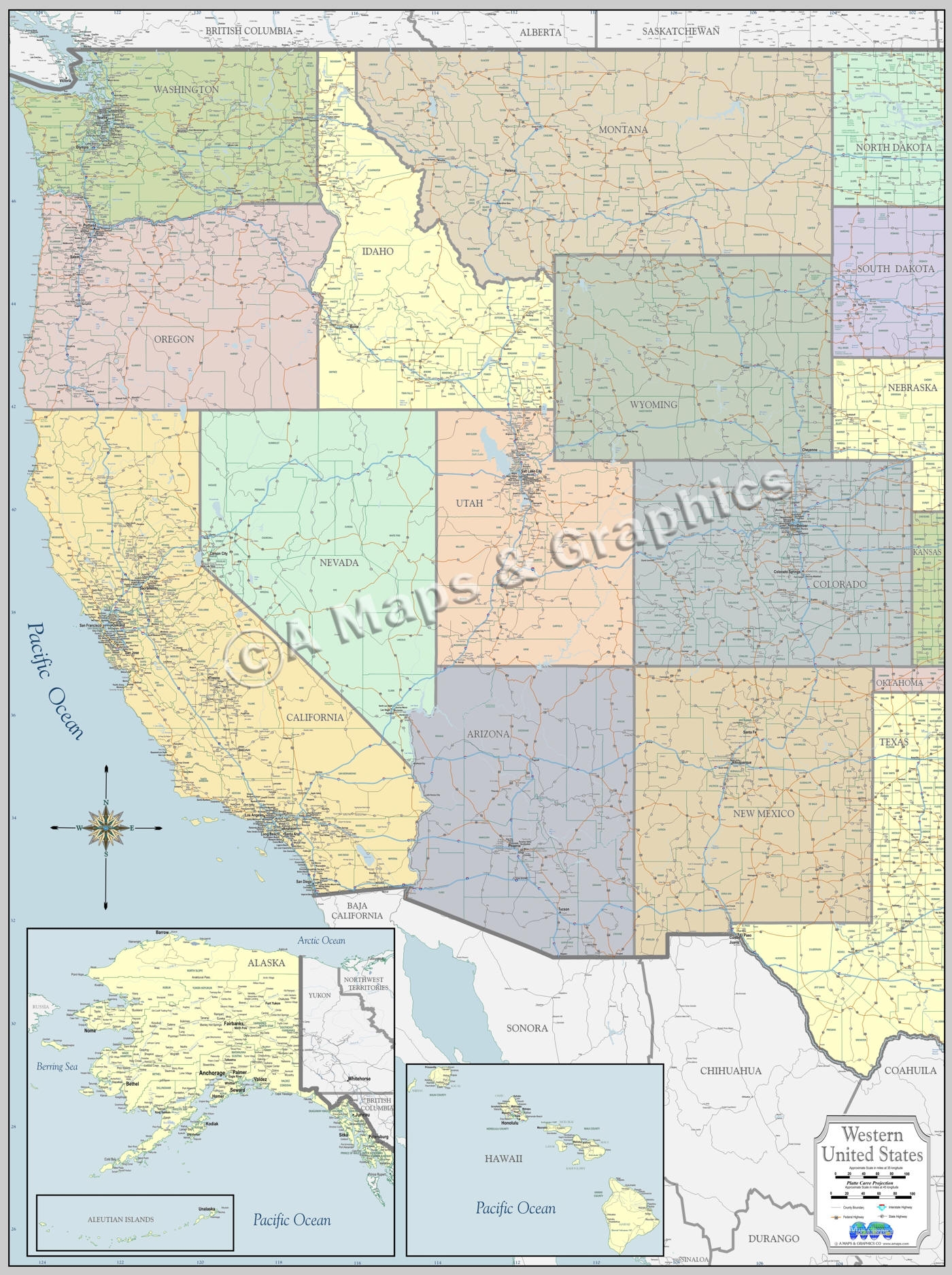 New Detailed Wall Map Western USA Laminated