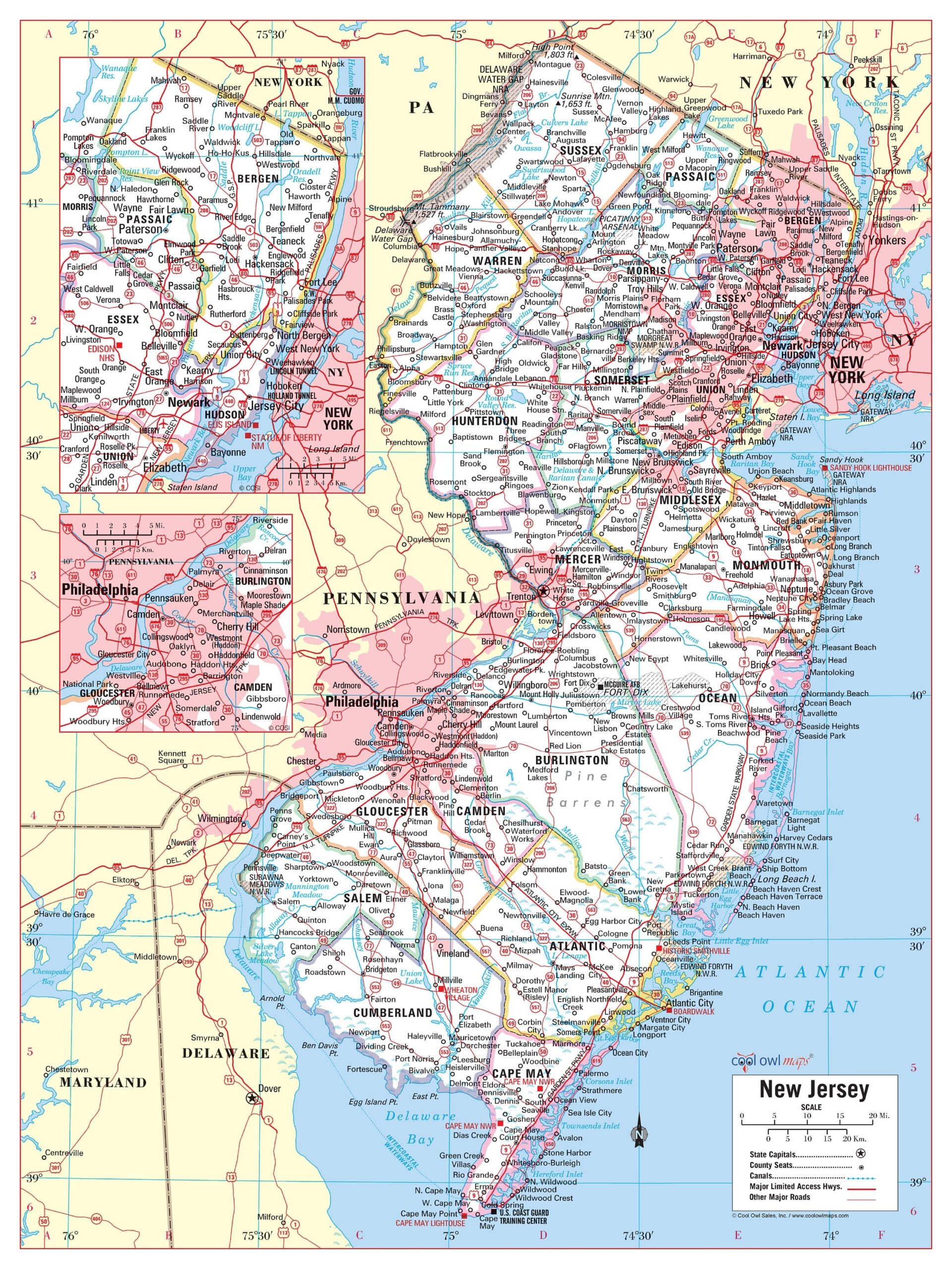 New Jersey State Wall Map Large Print Poster 24