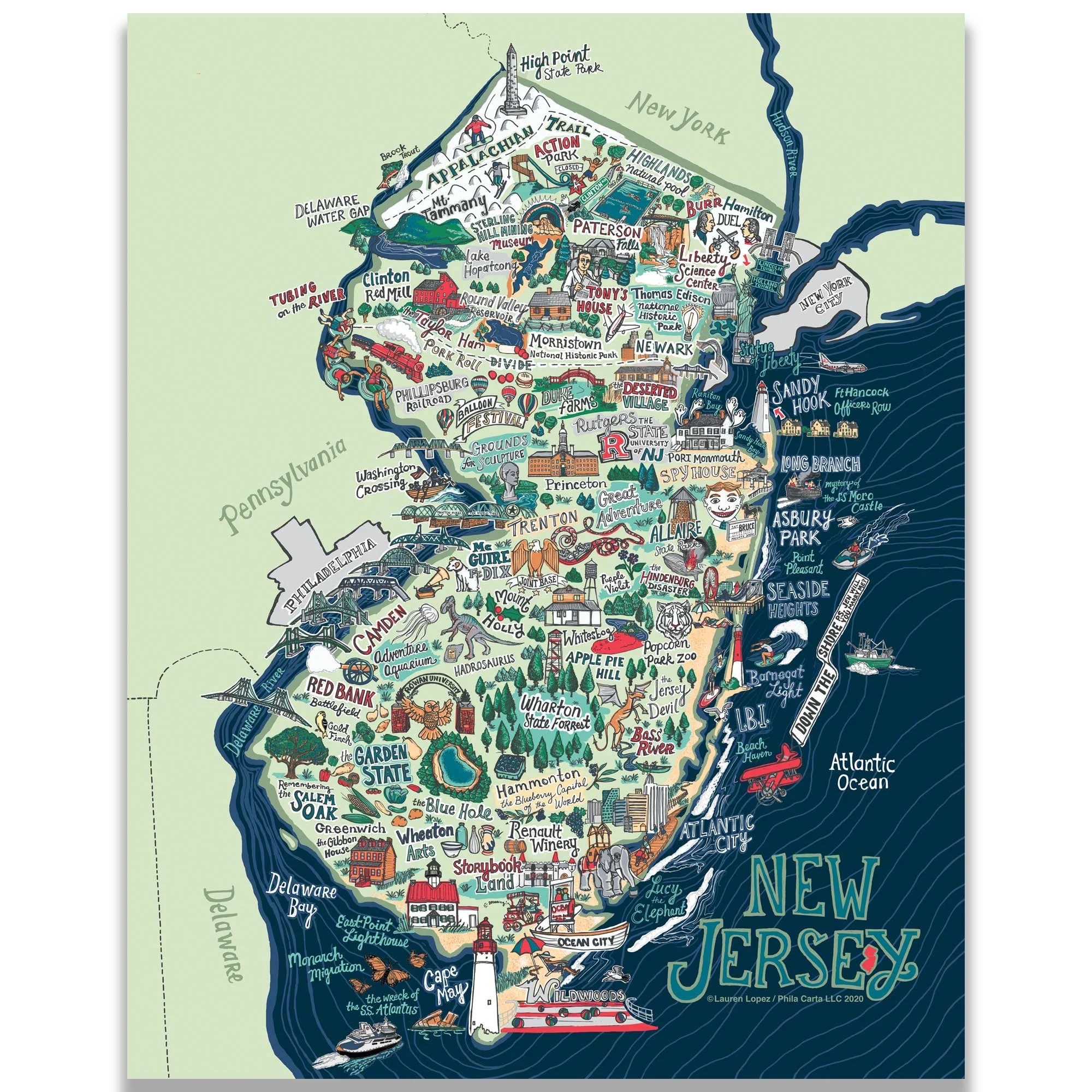 New Jersey Wall Art New Jersey Map New Jersey Art Print 11x14 Inches New Jersey Gifts New Jersey Print Hand Drawn NJ Poster Etsy