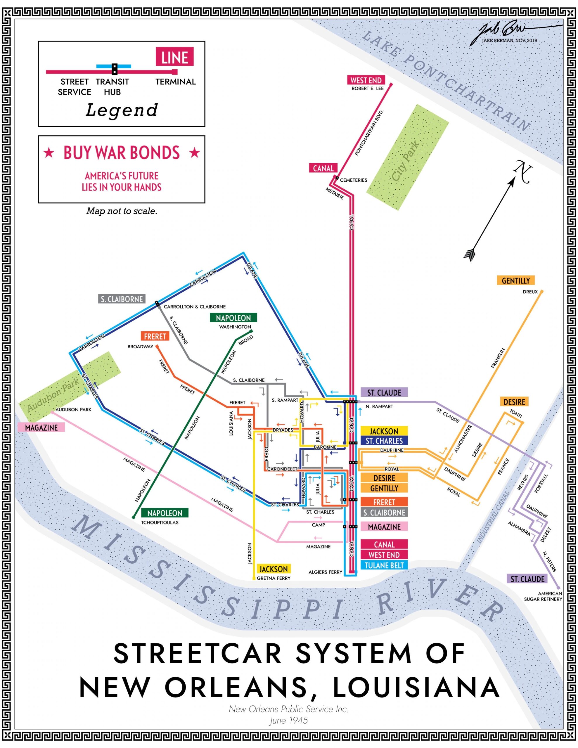 New Orleans Streetcar System Map Print 1945 Etsy
