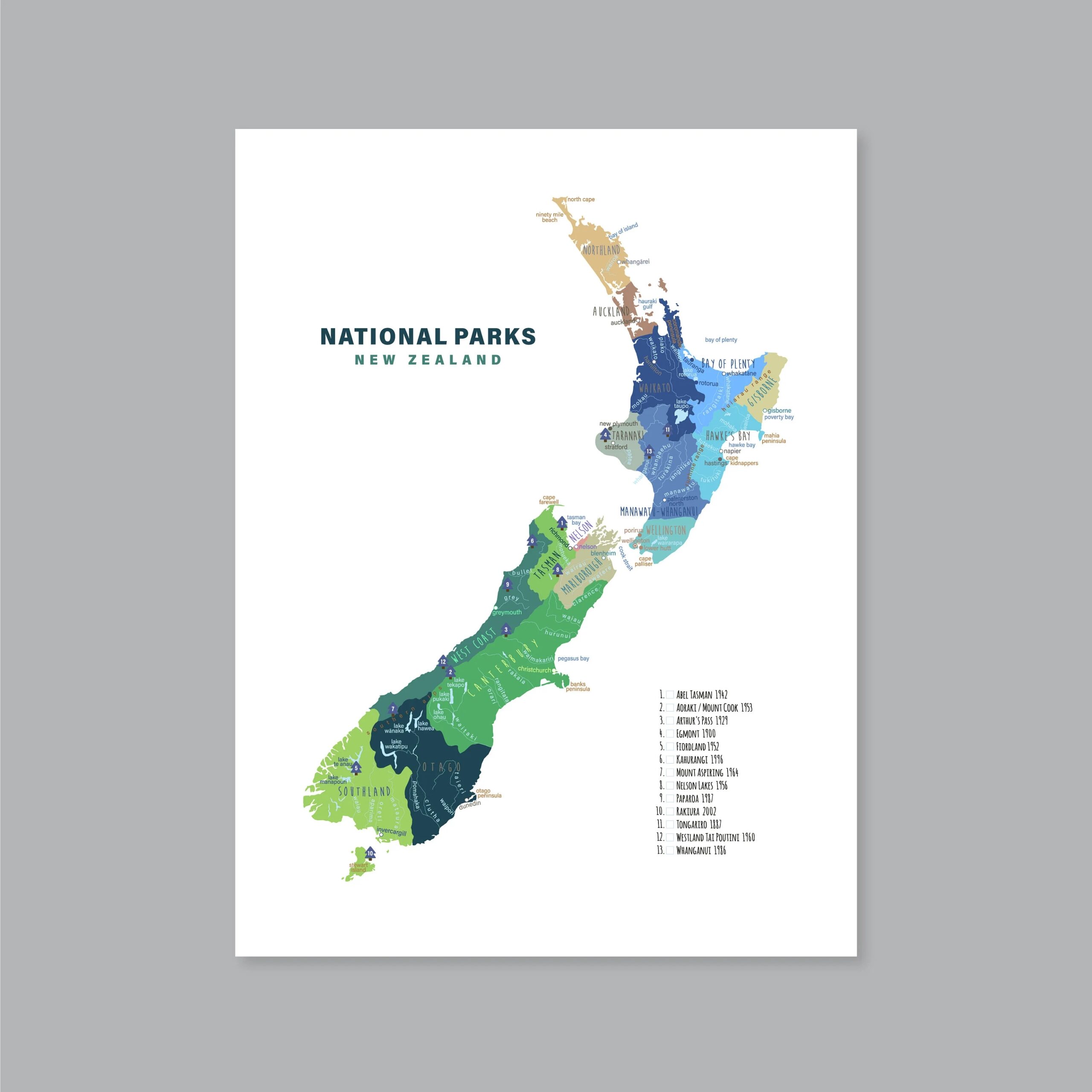 New Zealand Map Printable New Zealand National Parks Map NZ Map Art P522 Etsy