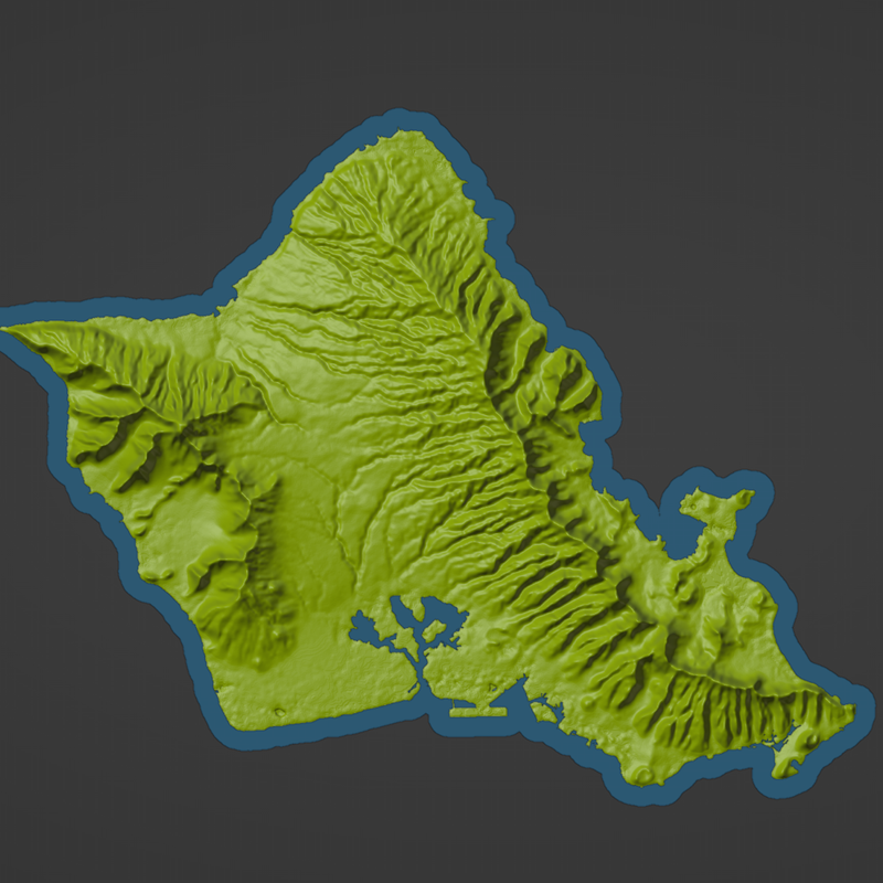 Oahu HI Topographic Map With Coastal Outline For Glow In The Dark 