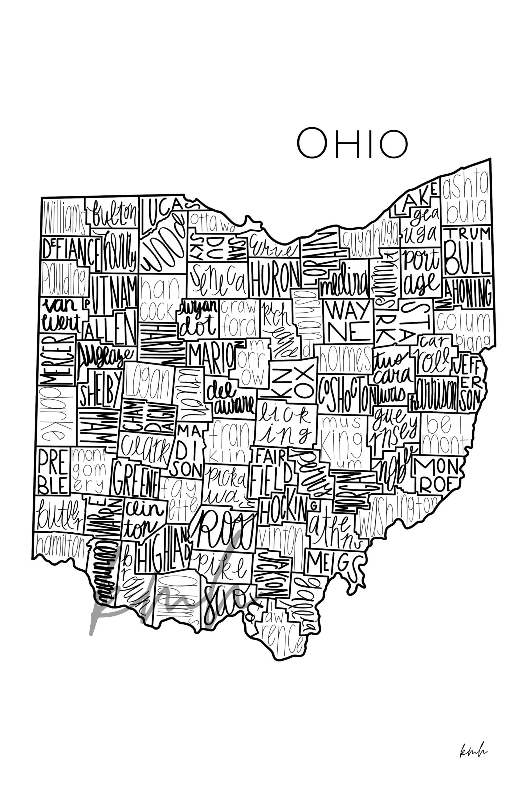 Ohio Map Counties Handlettering Digital Download Etsy